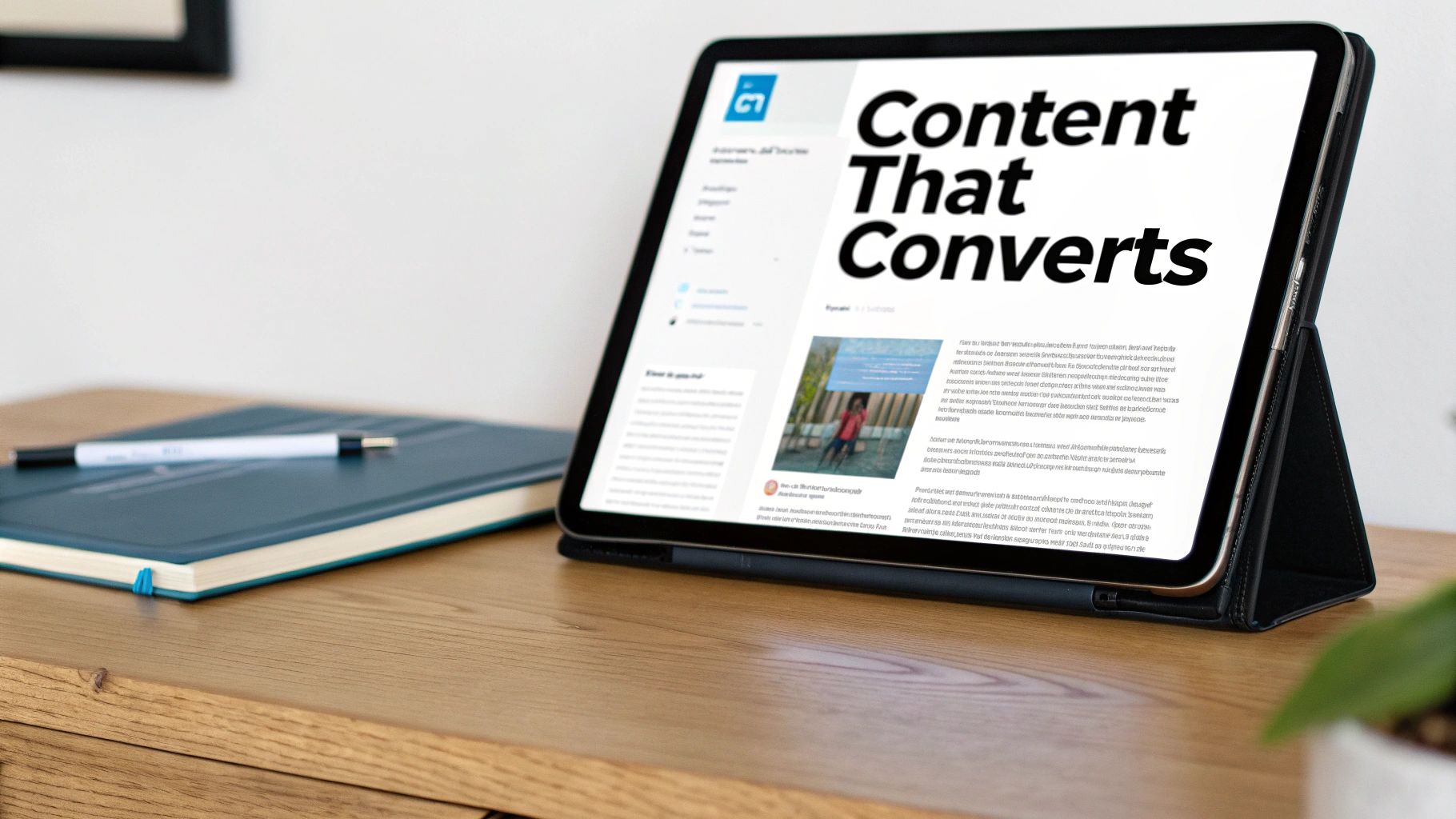 Tablet displaying 'Content That Converts' on a wooden desk with a notebook and pen.
