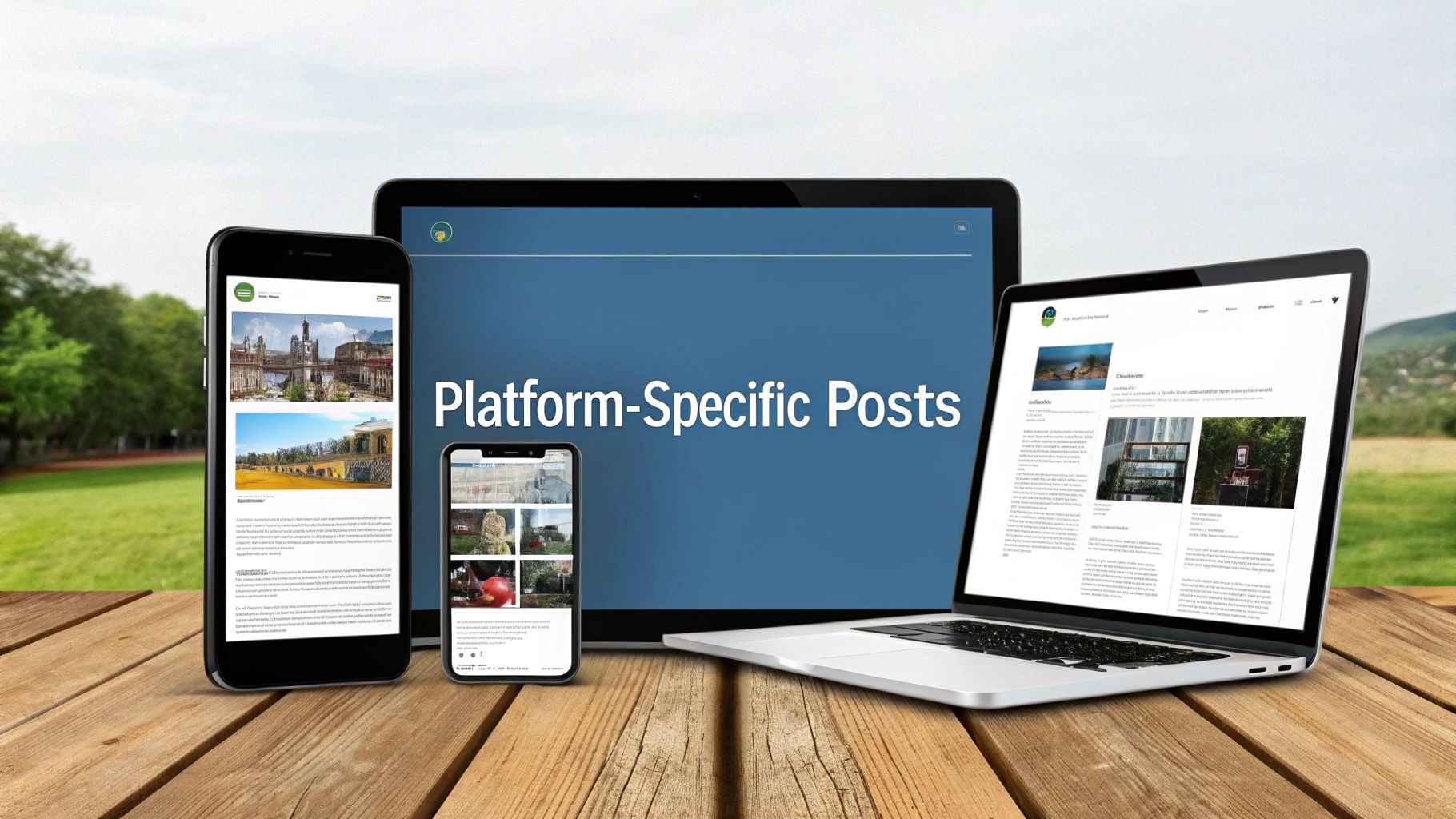 Multiple devices displaying platform-specific social media posts with responsive content layouts on wooden table