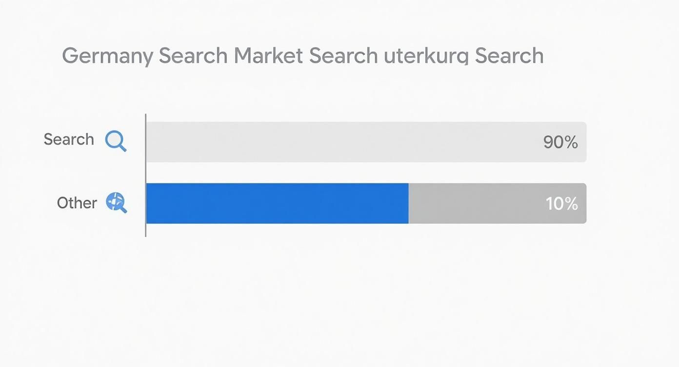 Infographic showing that Google holds 90% of the German search market share, with other search engines making up the remaining 10%.