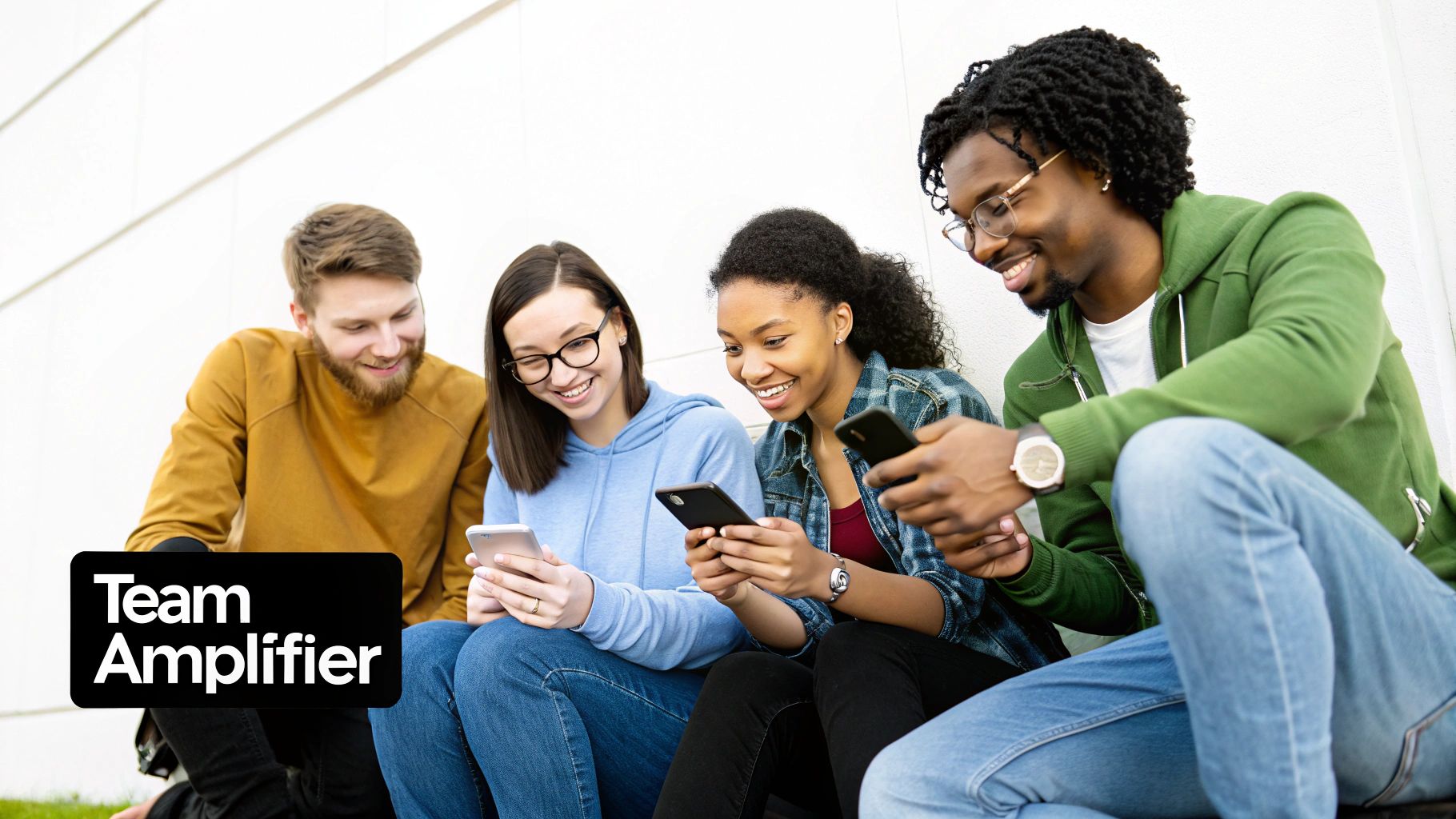 Diverse team of professionals looking at smartphones collaborating on social media engagement