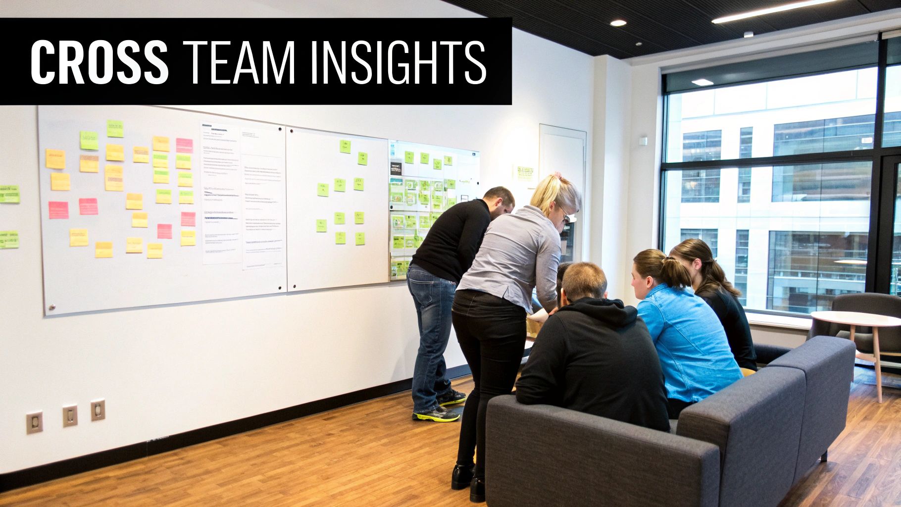 An illustration of a team collaborating around a digital interface, representing various business functions working together.