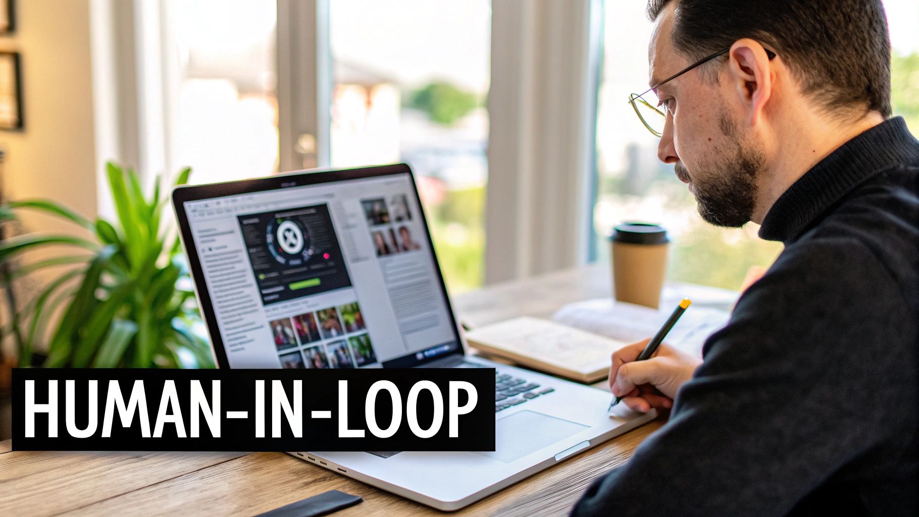 A creative professional reviews AI-generated social media posts on a tablet, making edits.