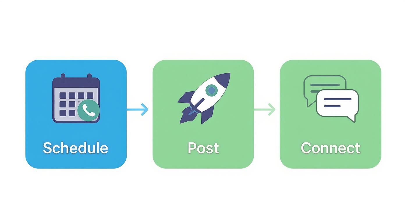 Three-step workflow showing schedule, post, and connect process for social media automation with icons
