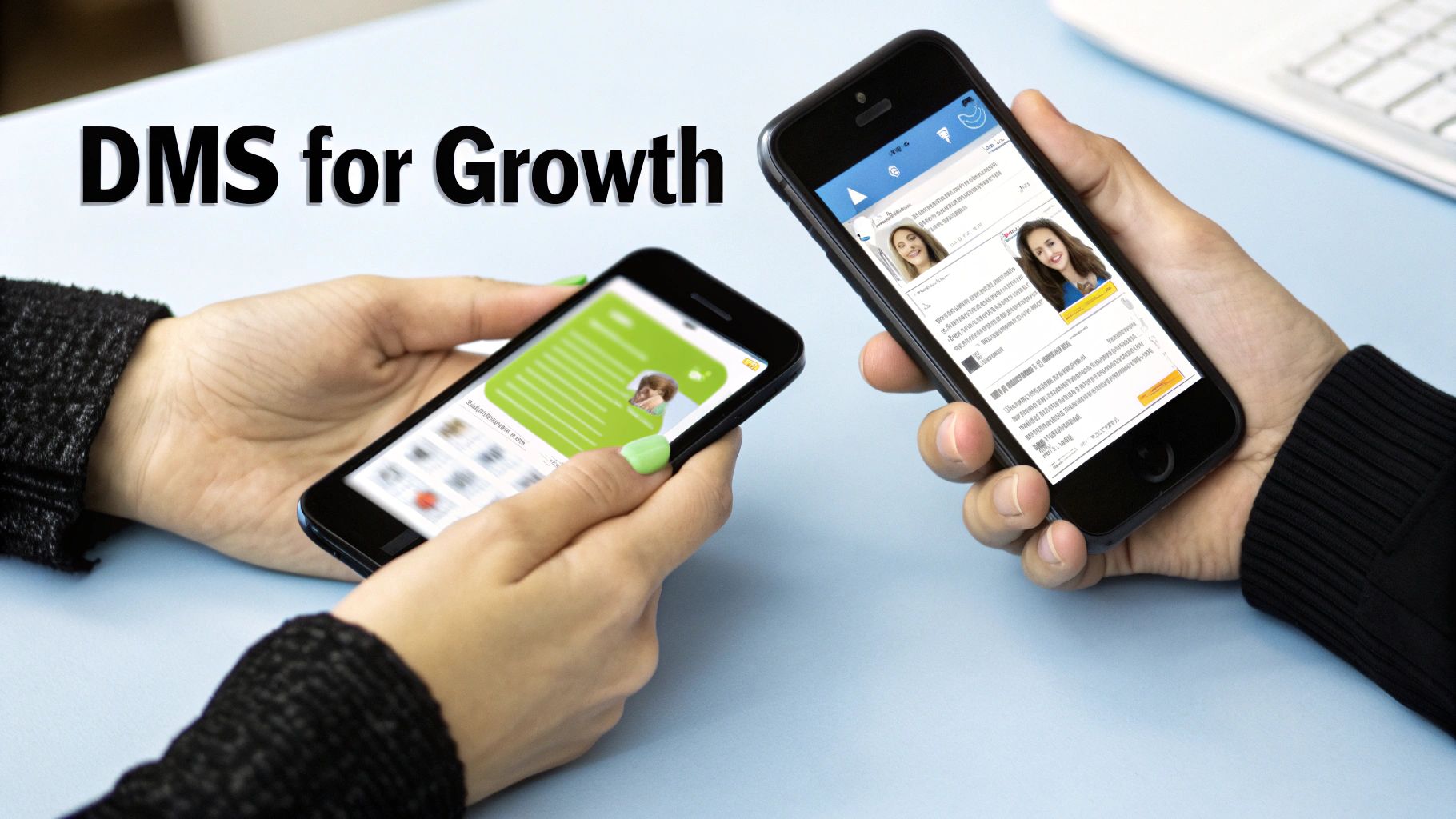 People collaborating and using Instagram DMs on their phones for business growth