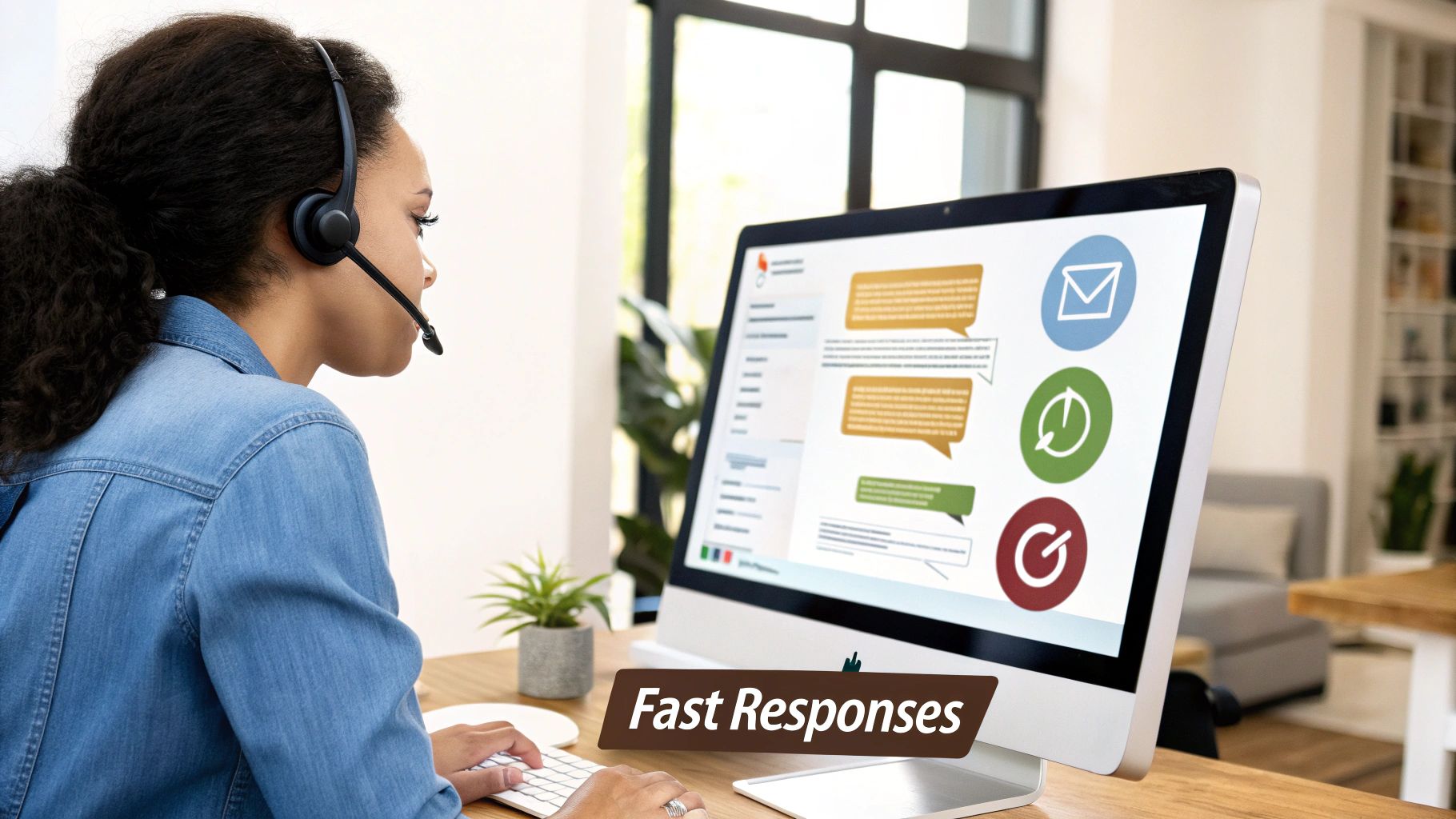 A customer service agent wearing a headset and smiling while working on a laptop, representing quick customer response.