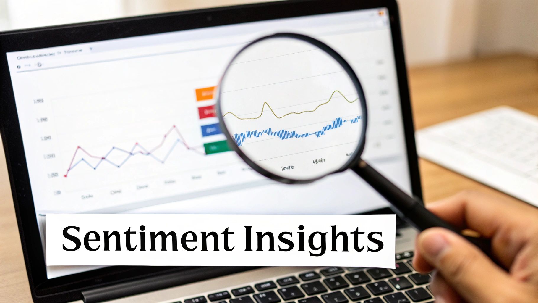An abstract illustration of data streams being processed and categorised into sentiment icons, representing how a social media analyser works.
