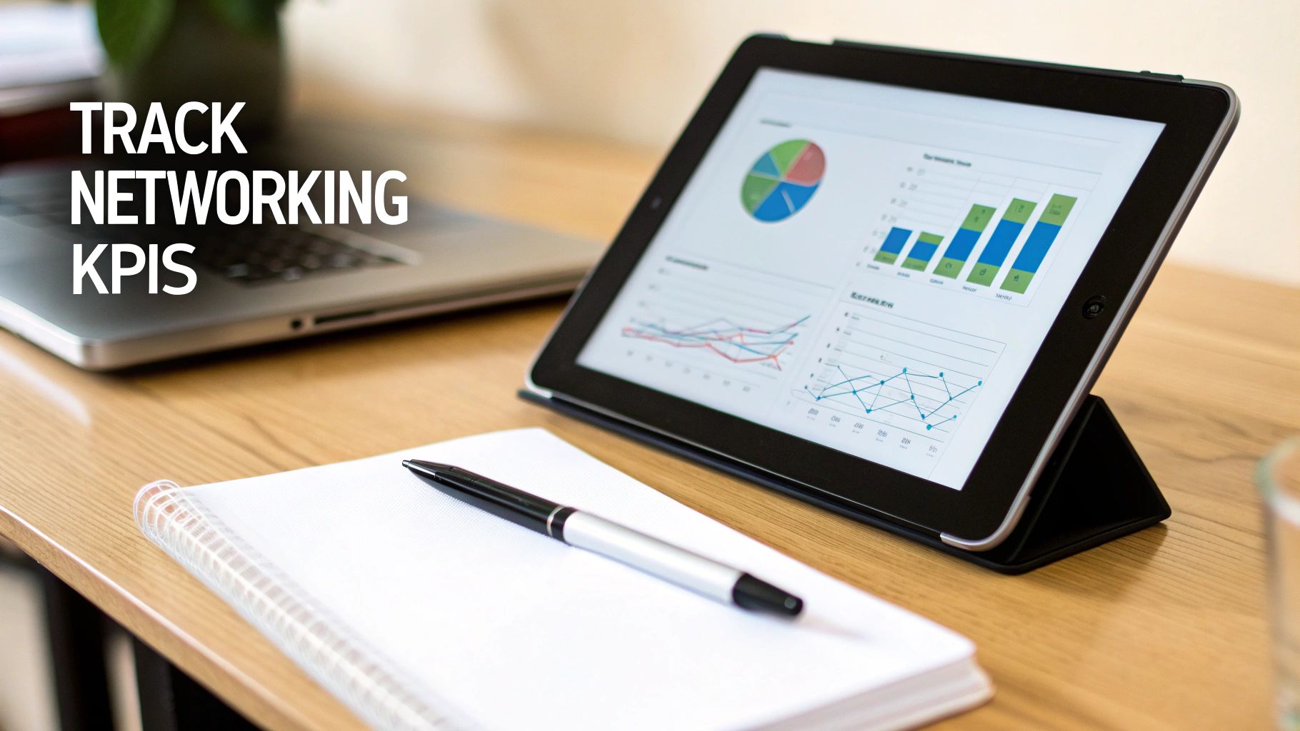 A desk with a laptop, a tablet displaying business analytics charts, a notebook, and a pen. Text reads 'TRACK NETWORKING KPIS'.