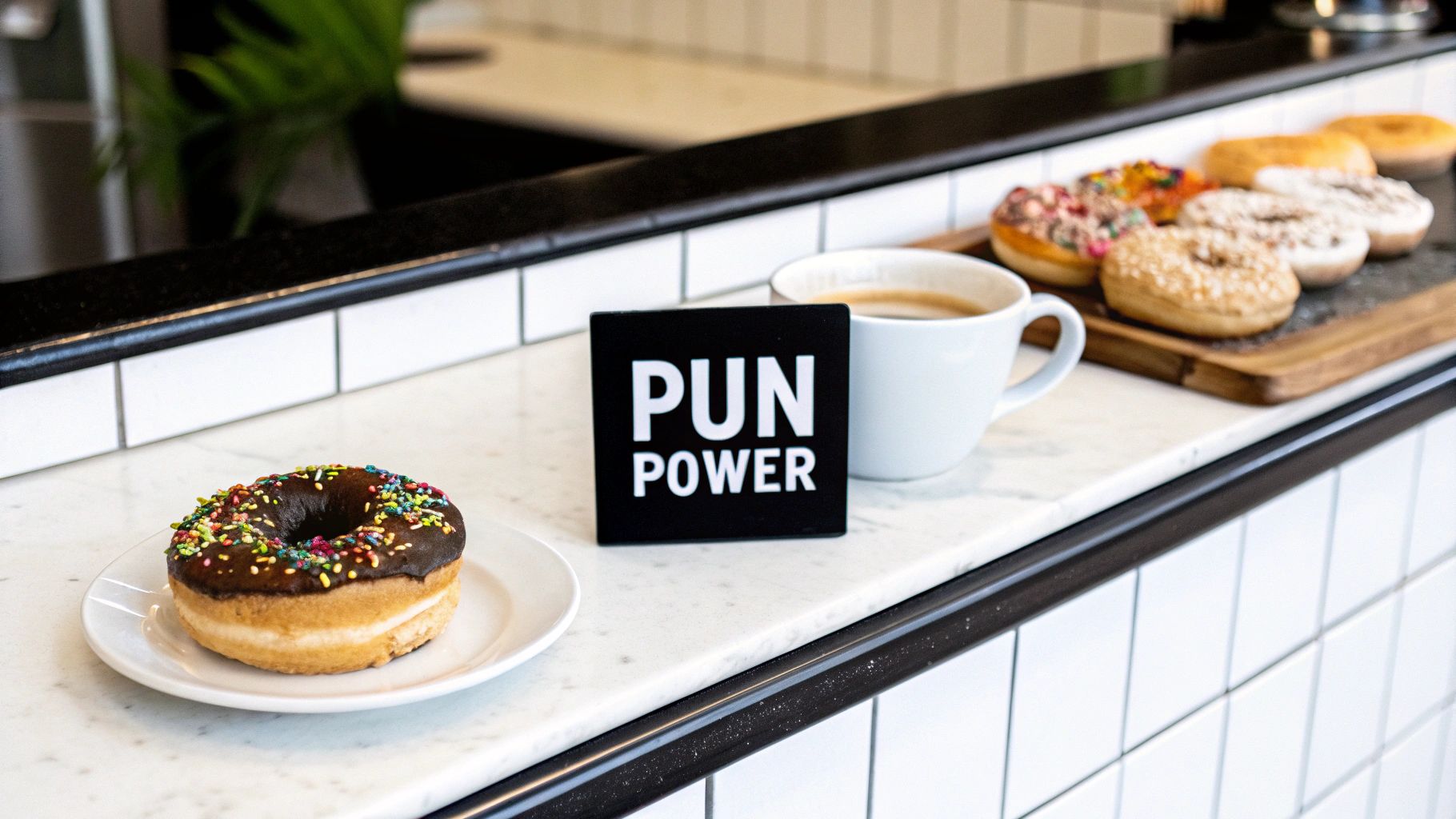 Donut with chocolate frosting and sprinkles next to coffee cup and PUN POWER sign