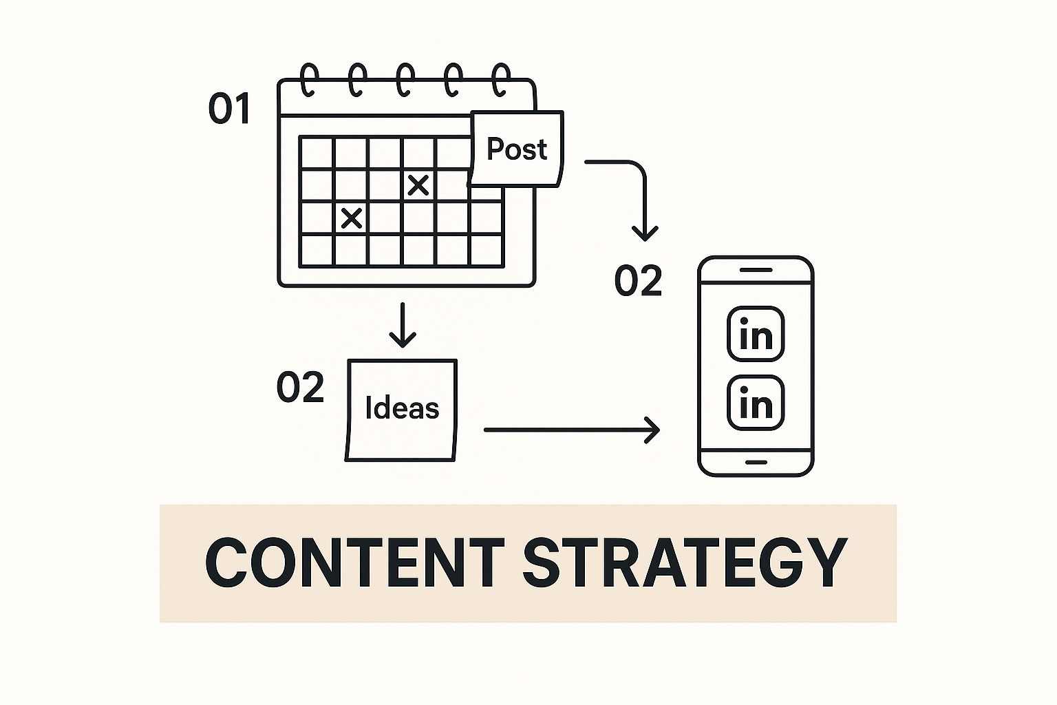 An infographic showing a content calendar on a desk with a smartphone displaying LinkedIn icons, overlaid with the text 'Content Strategy'.