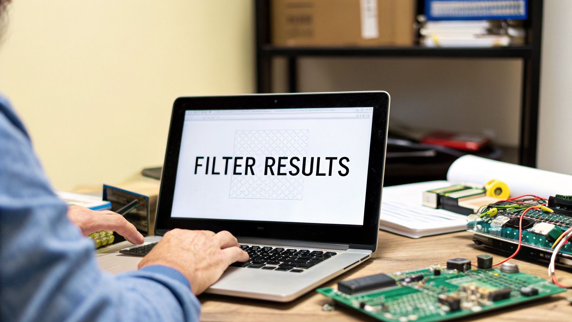 A magnifying glass icon over a stylized representation of professional profiles