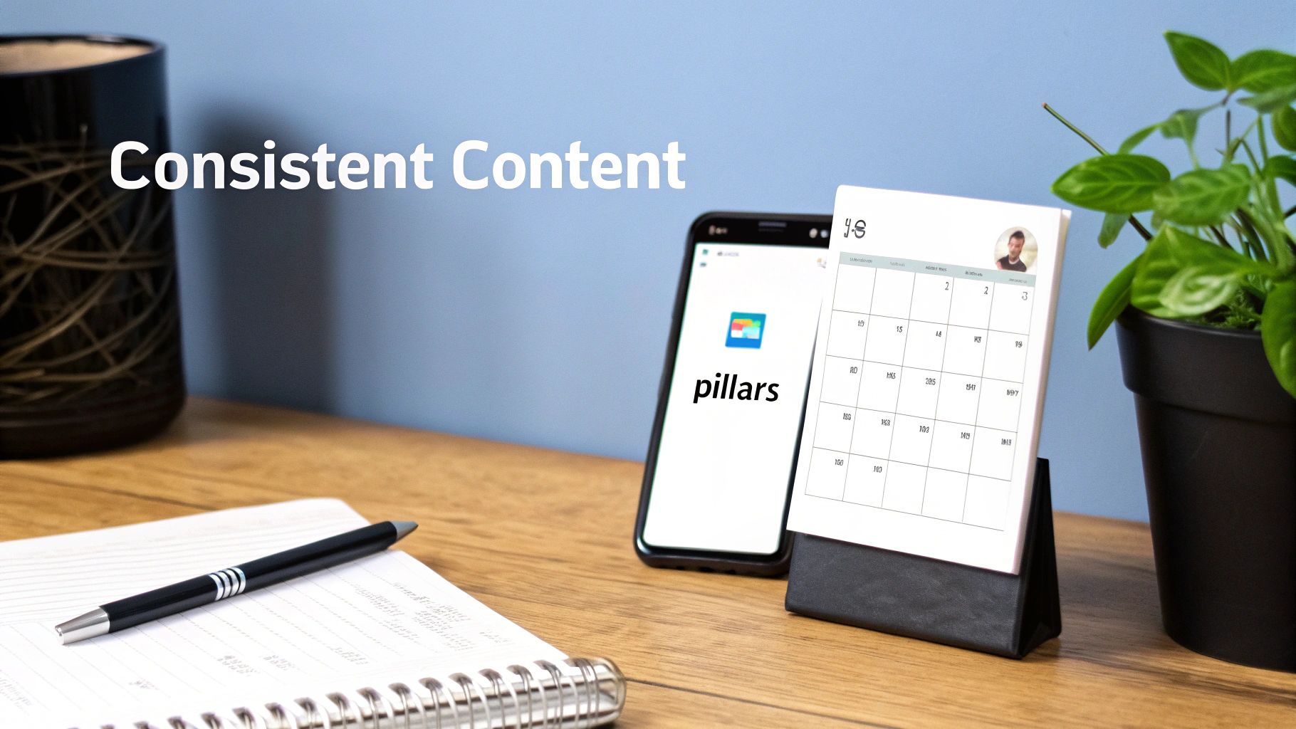 Desk workspace showing smartphone displaying content pillars text with calendar and planning notebook