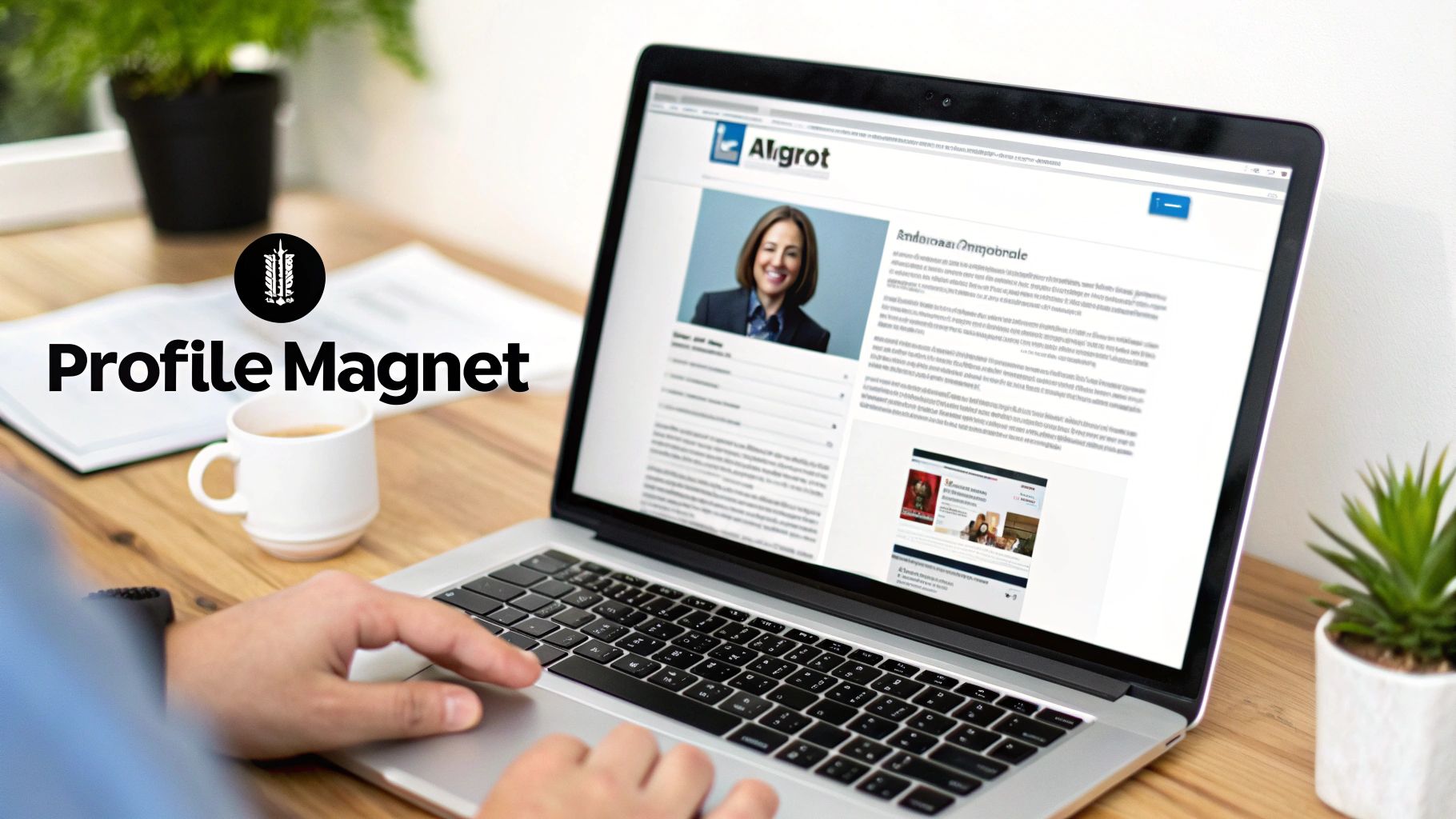 A person's hands typing on a laptop displaying an online profile page, next to a coffee cup and a 'Profile Magnet' logo.