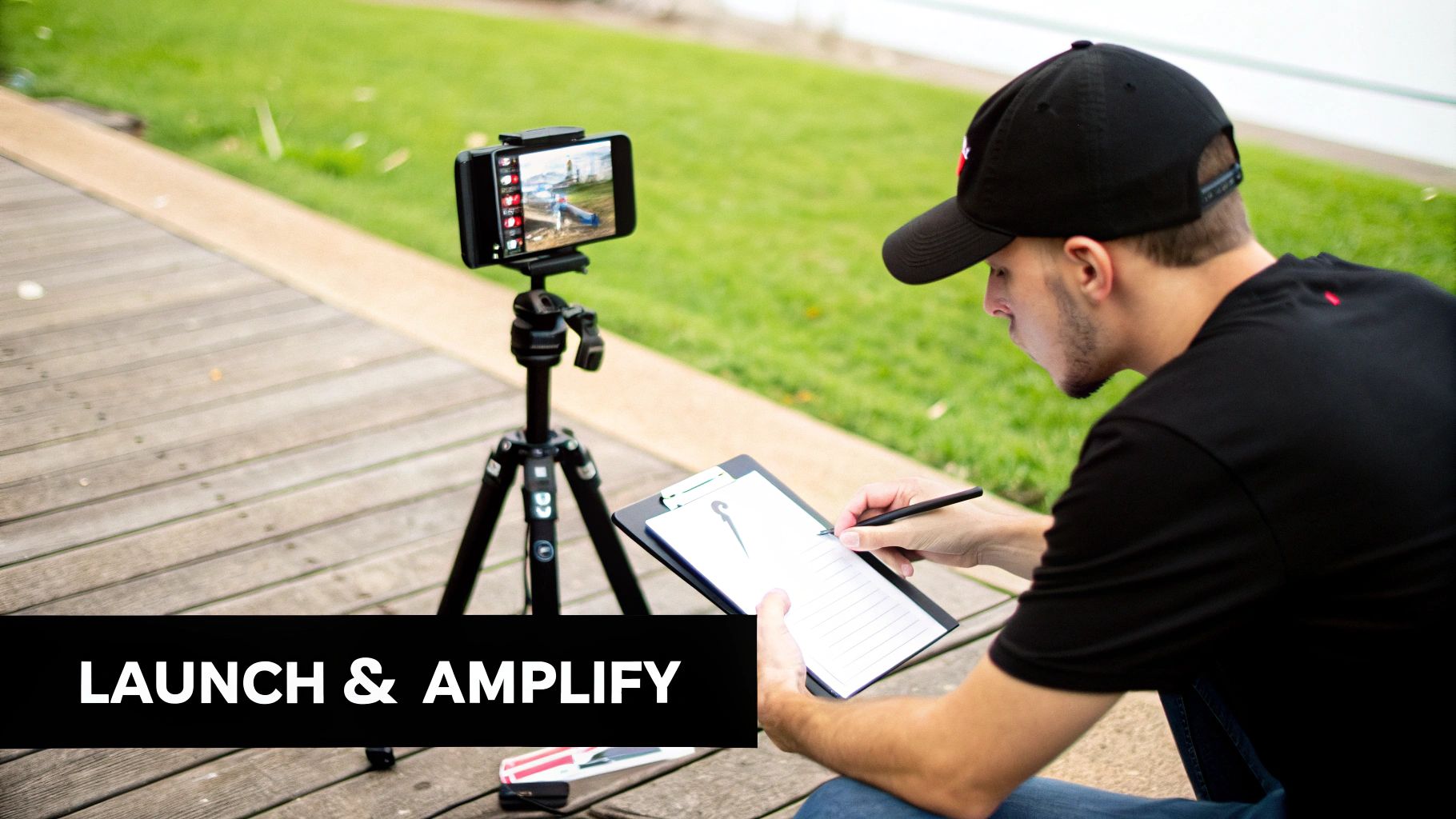 Two people using a laptop and smartphone to launch their Instagram collaboration campaign