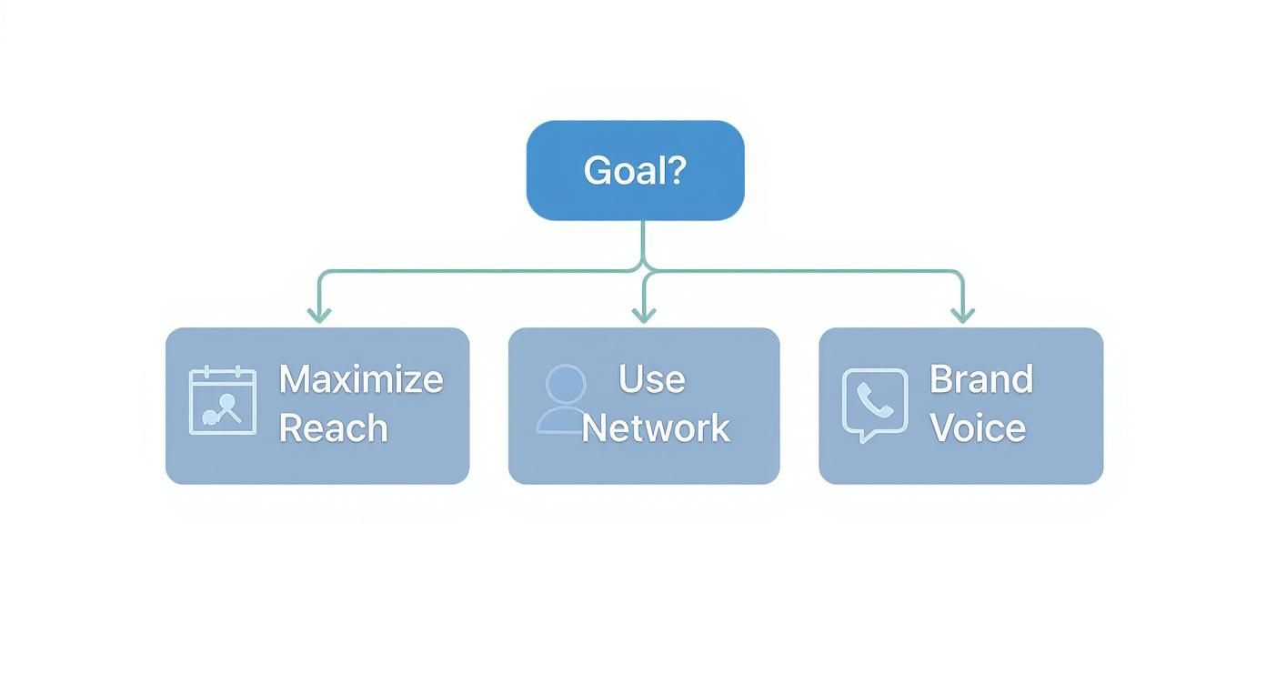 Flowchart showing LinkedIn job posting goals: maximize reach, use network, and brand voice strategies