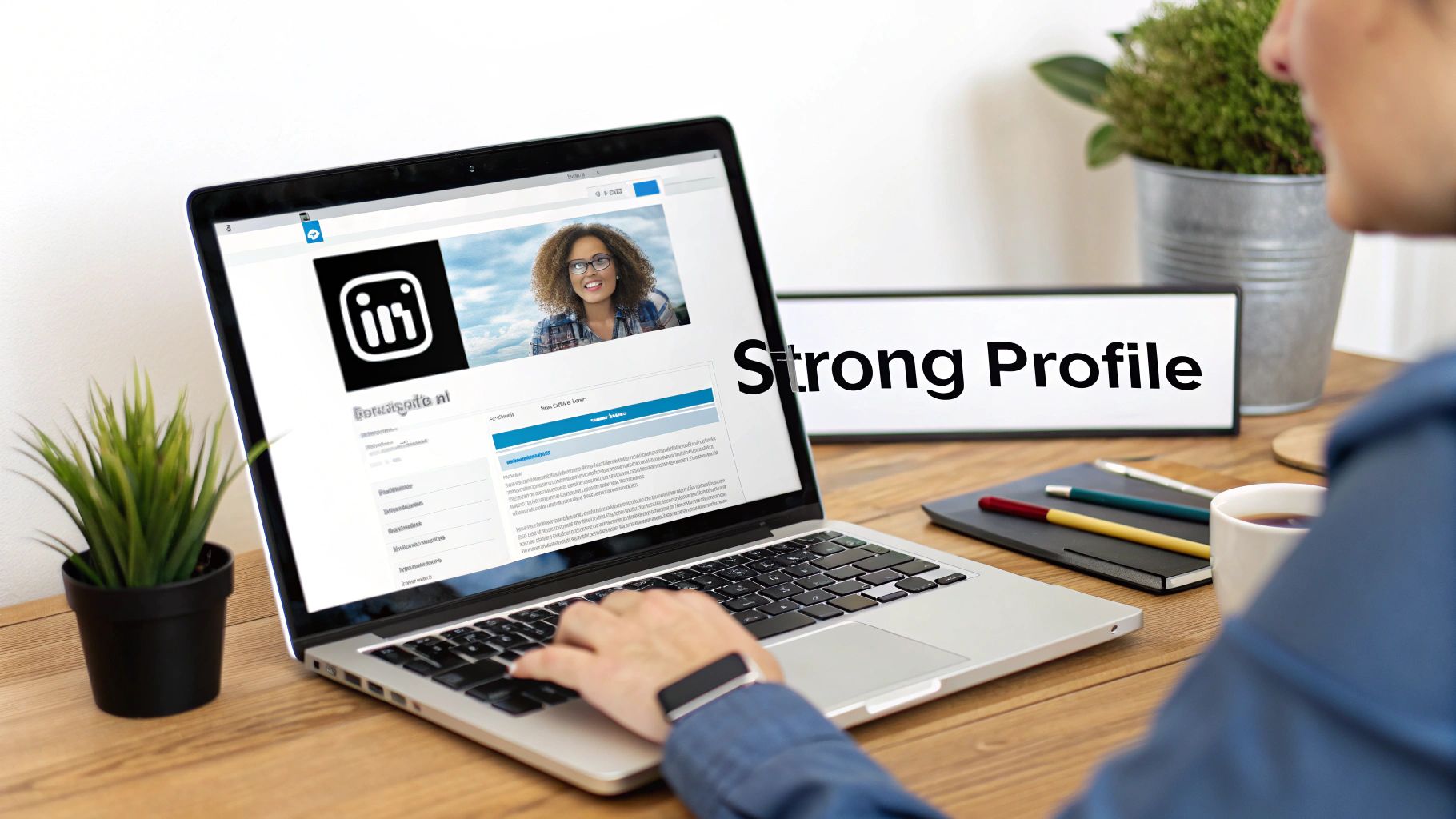 Professional woman building strong LinkedIn profile on laptop at organized workspace desk