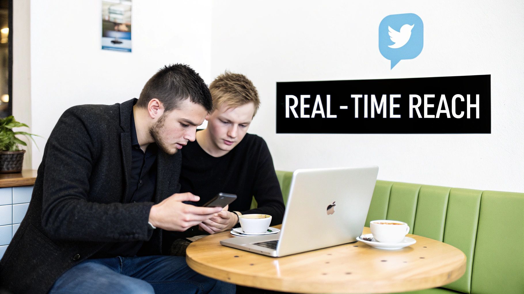 A person's hands holding a smartphone displaying the Twitter (X) app, with a coffee cup nearby, representing using ads by Twitter