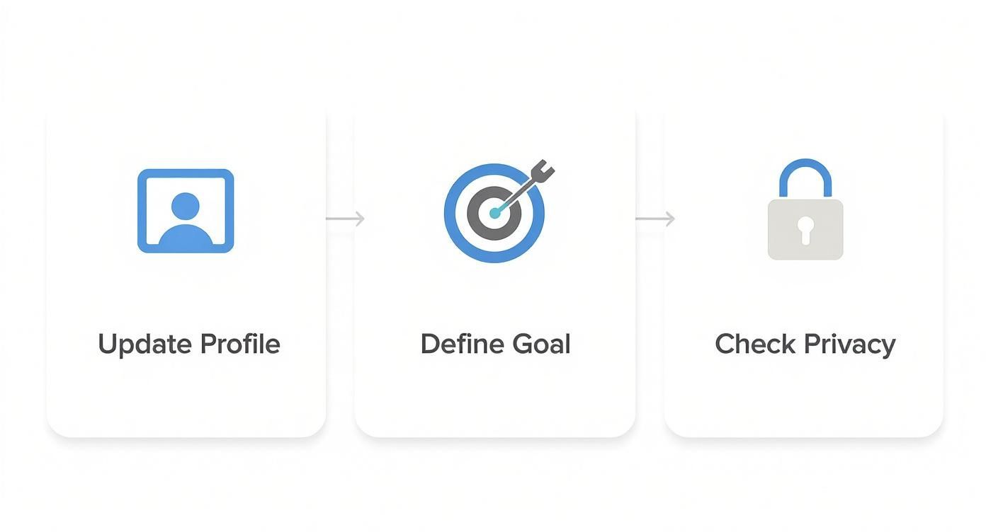 Three-step process: Update Profile (user icon), Define Goal (target icon), and Check Privacy (padlock icon).