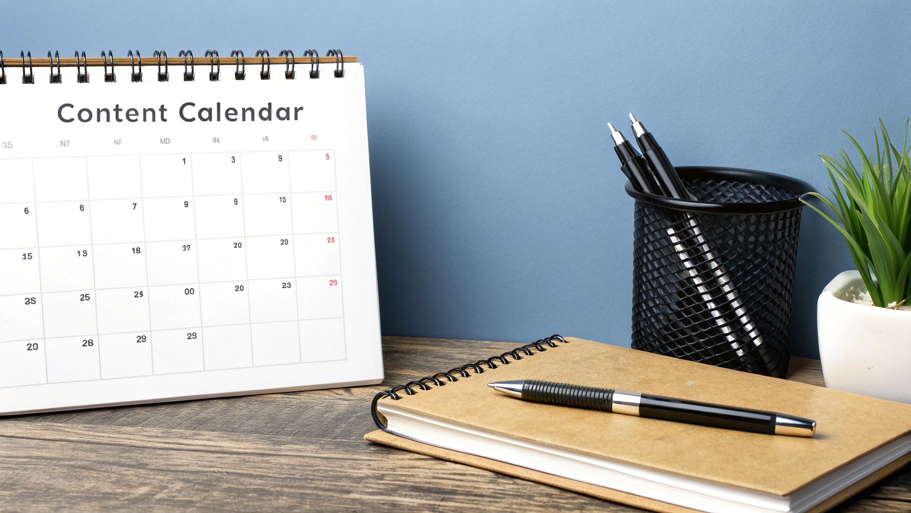 A person at a desk with a laptop and a large wall calendar, planning out content with sticky notes.