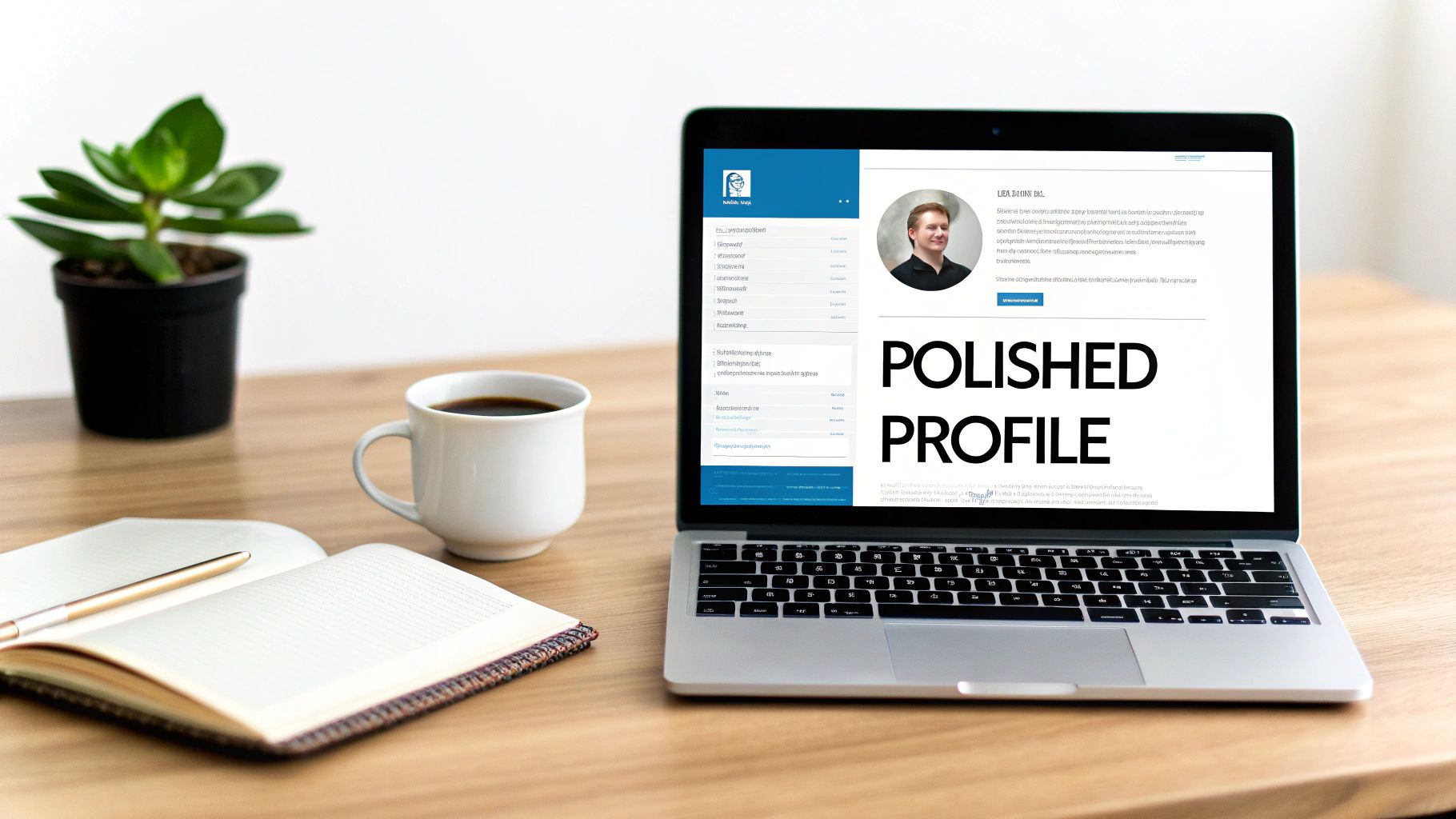 A laptop on a wooden desk displaying a professional 'POLISHED PROFILE' page, with coffee, a notebook, and a plant.