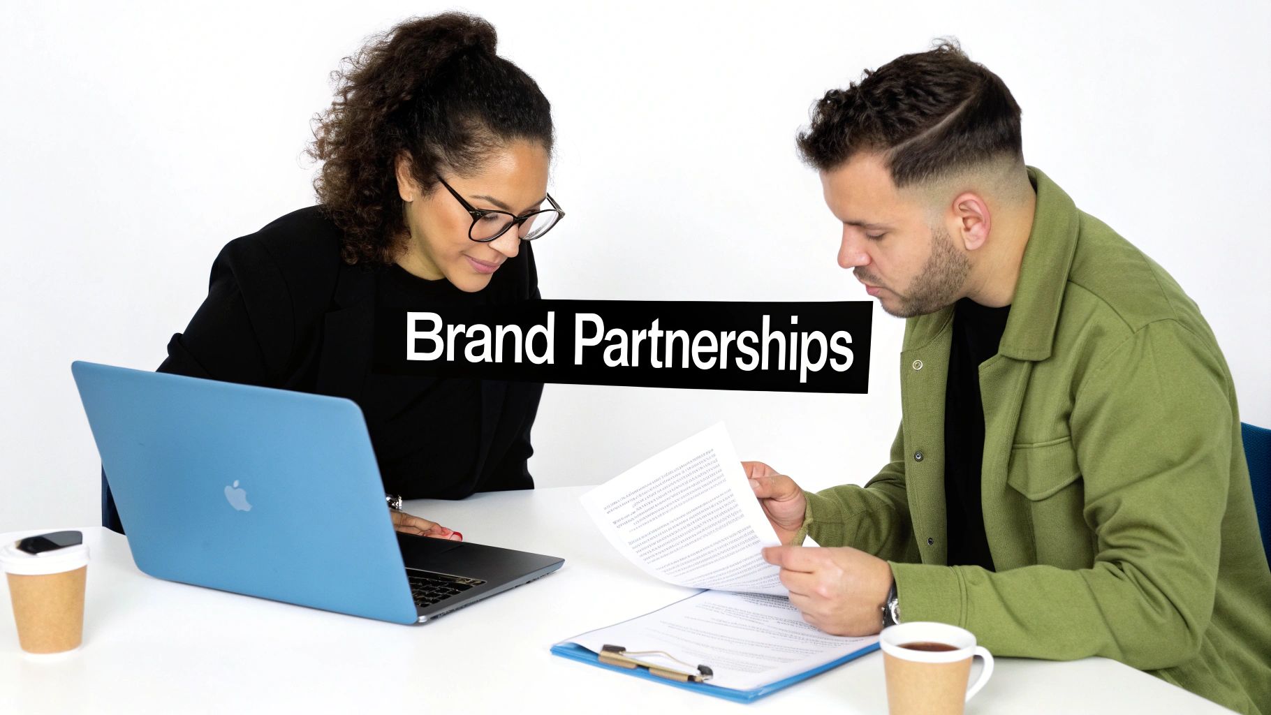 A person sitting at a desk with a laptop and phone, showing affiliate marketing icons.