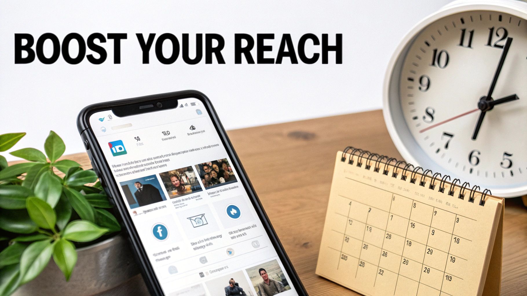 A smartphone displays a social media app, with 'BOOST YOUR REACH' text, a clock, and a calendar on a desk.