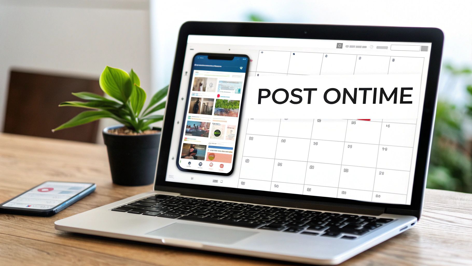 A content calendar being planned on a laptop, with social media icons and charts around it.