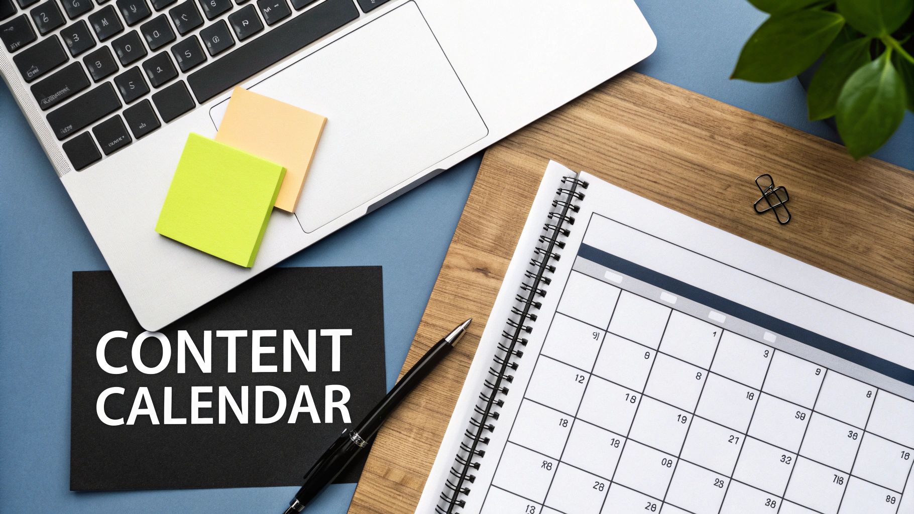 A person at a desk planning out social media posts on a large calendar interface.