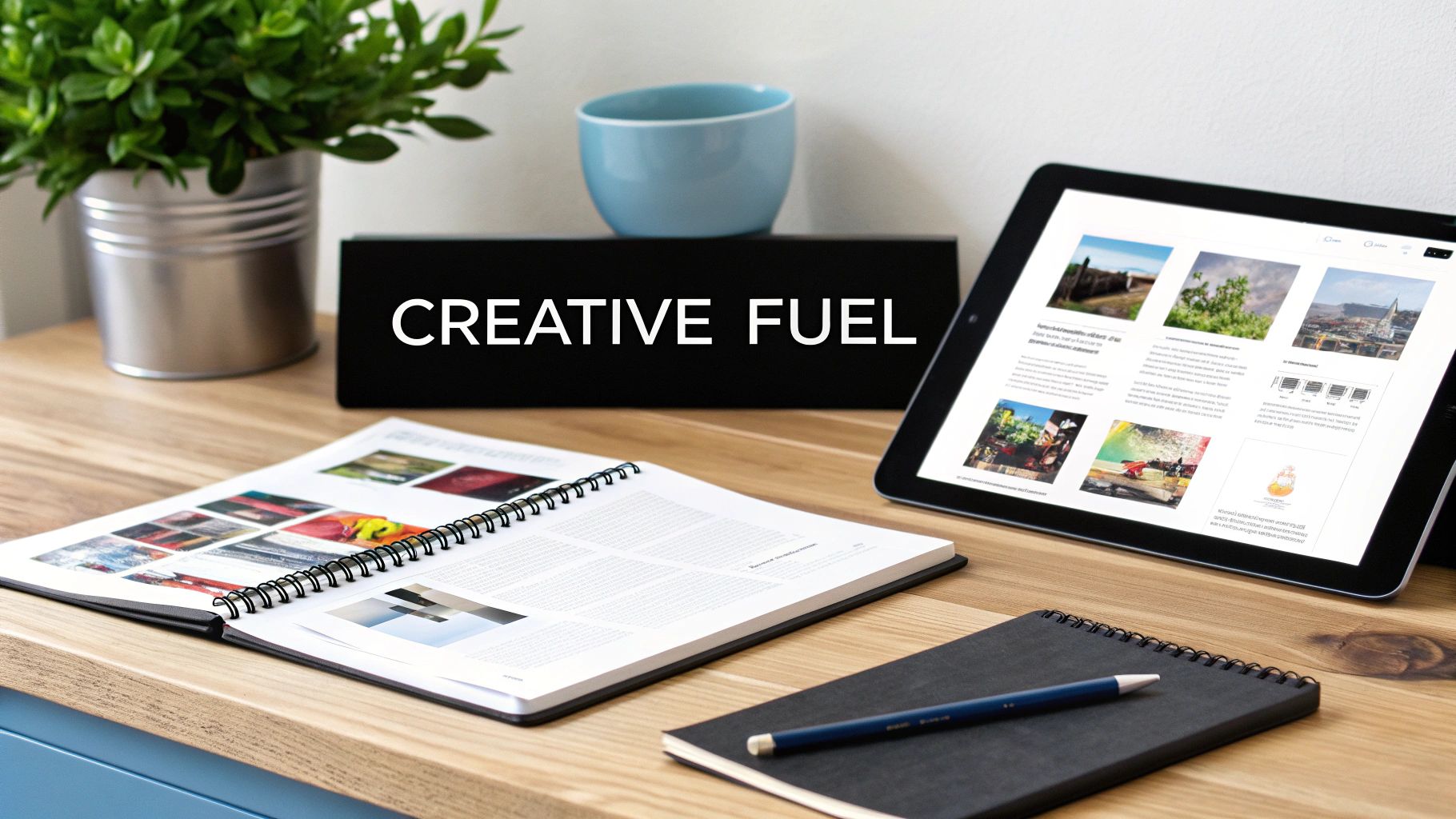 An illustration showing a person analysing charts and ad creatives on a screen, with lightbulbs lighting up above their head.