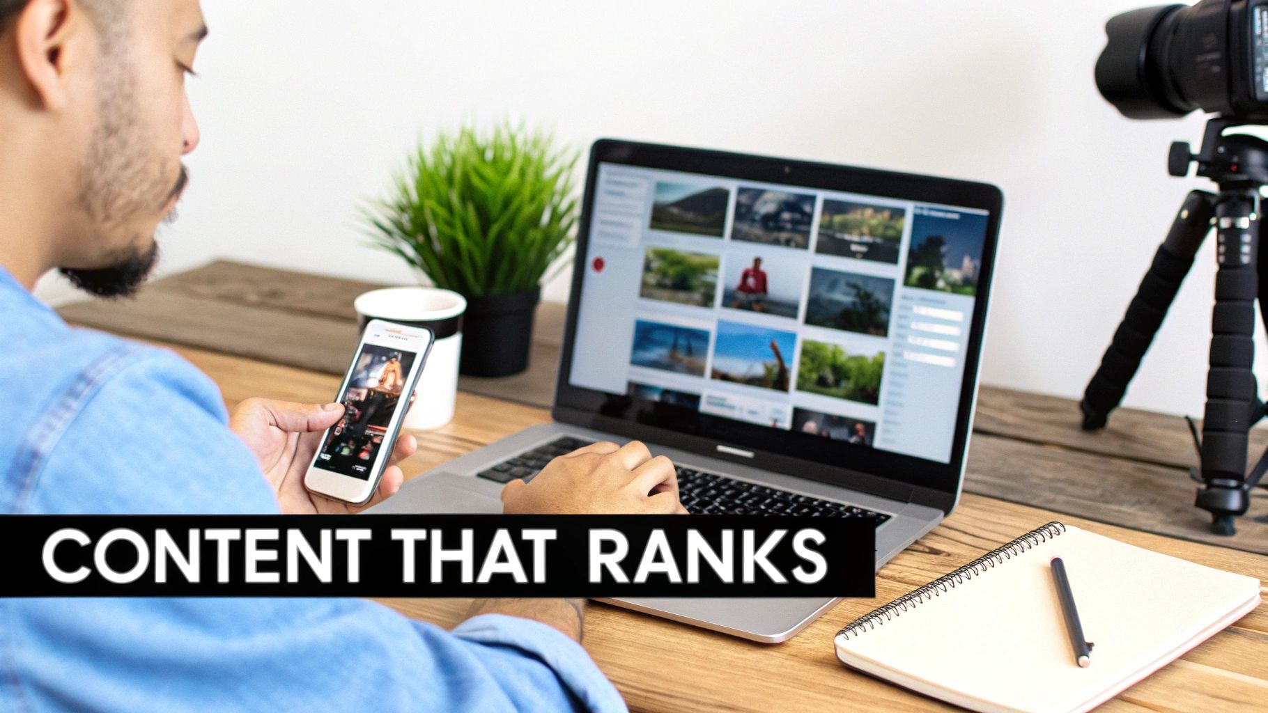 An image showing a smartphone with various popular hashtags floating around it, symbolising social media engagement and discoverability.