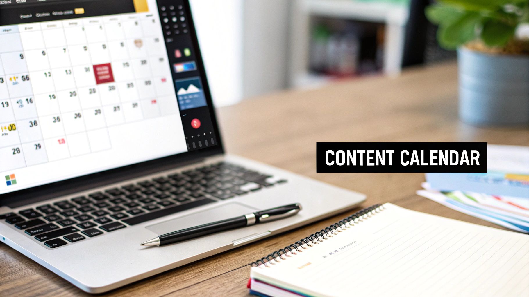 A close-up of a digital content calendar on a tablet screen, showing planned posts with images and text for the upcoming week.