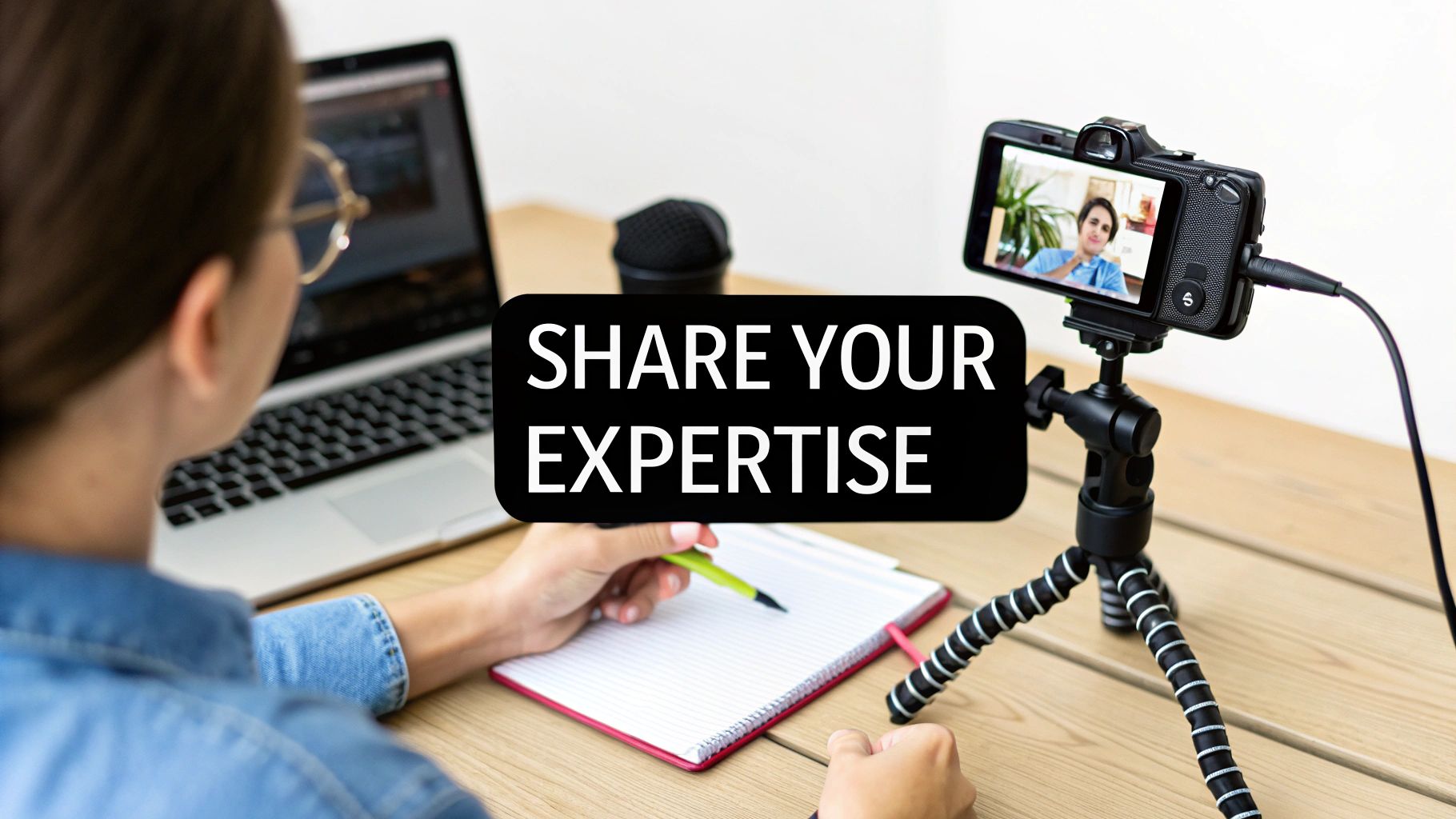 Person recording a video presentation on a smartphone, with a laptop and notes on desk.