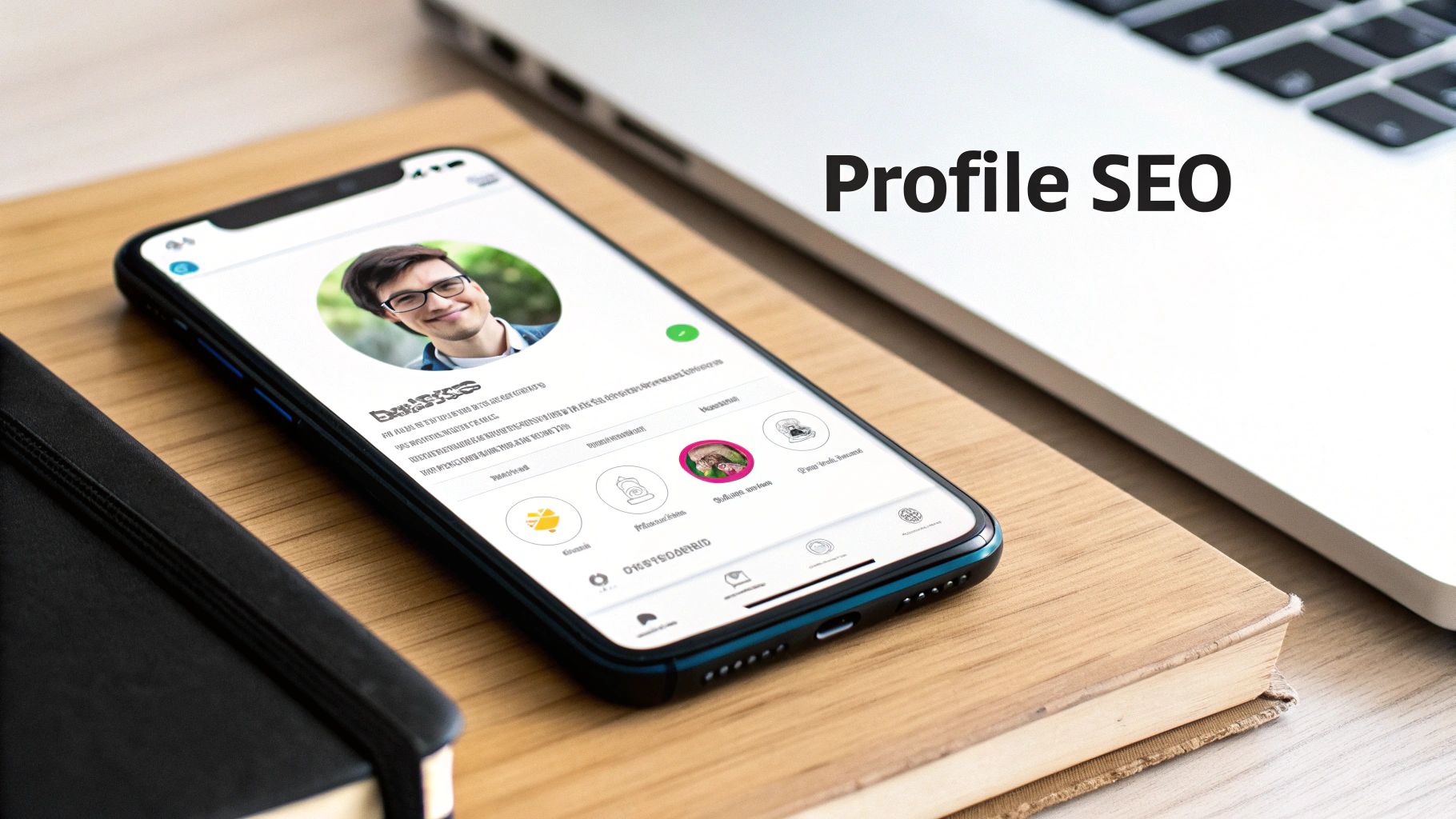 An image showing a person's hands typing on a laptop with social media icons and keyword symbols floating around the screen.