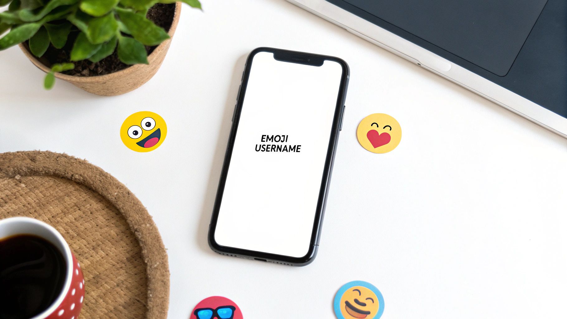 Smartphone displaying emoji username app surrounded by colorful emoji stickers on white desk