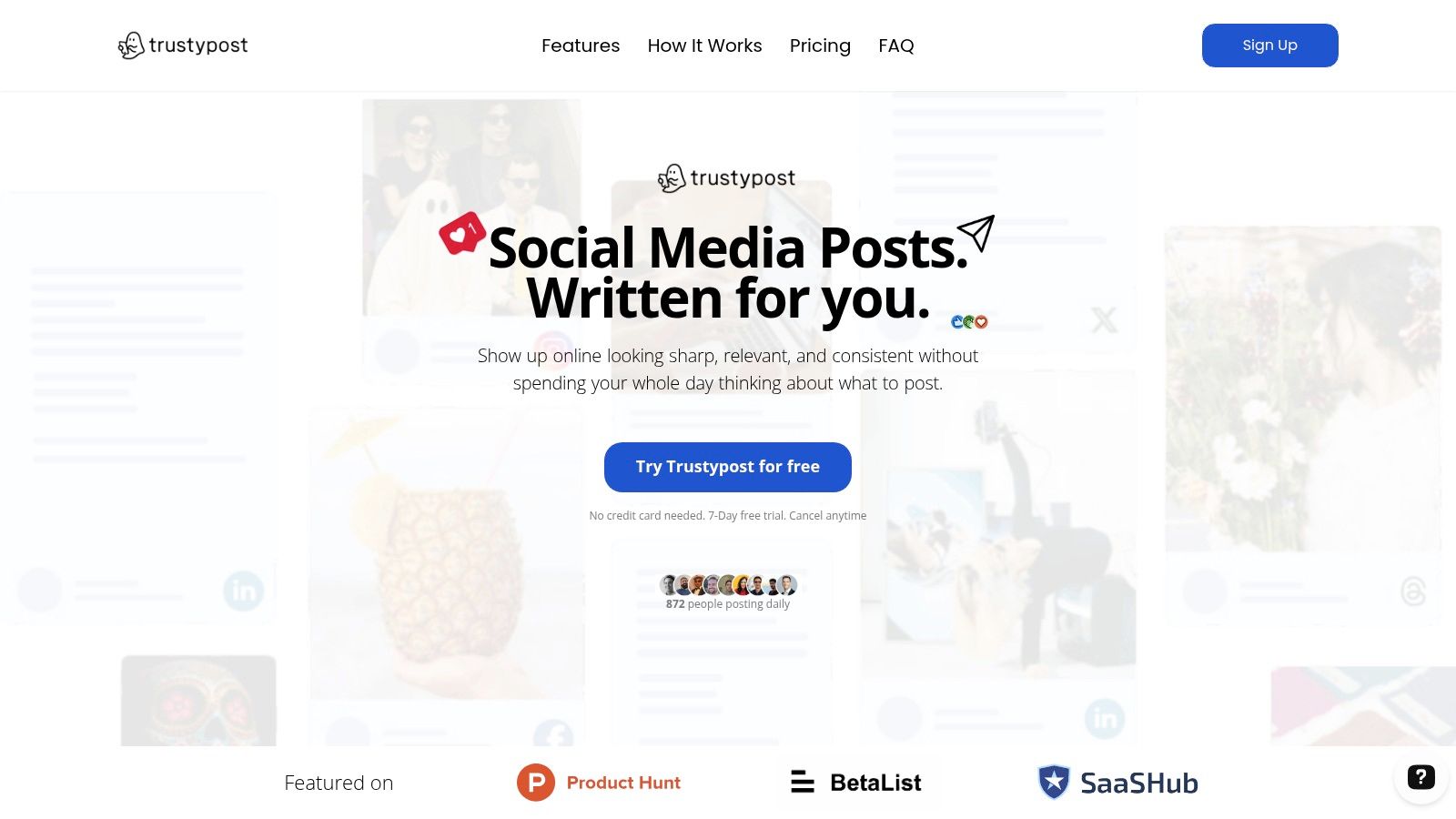 Trustypost dashboard showing content calendar and post generation features.
