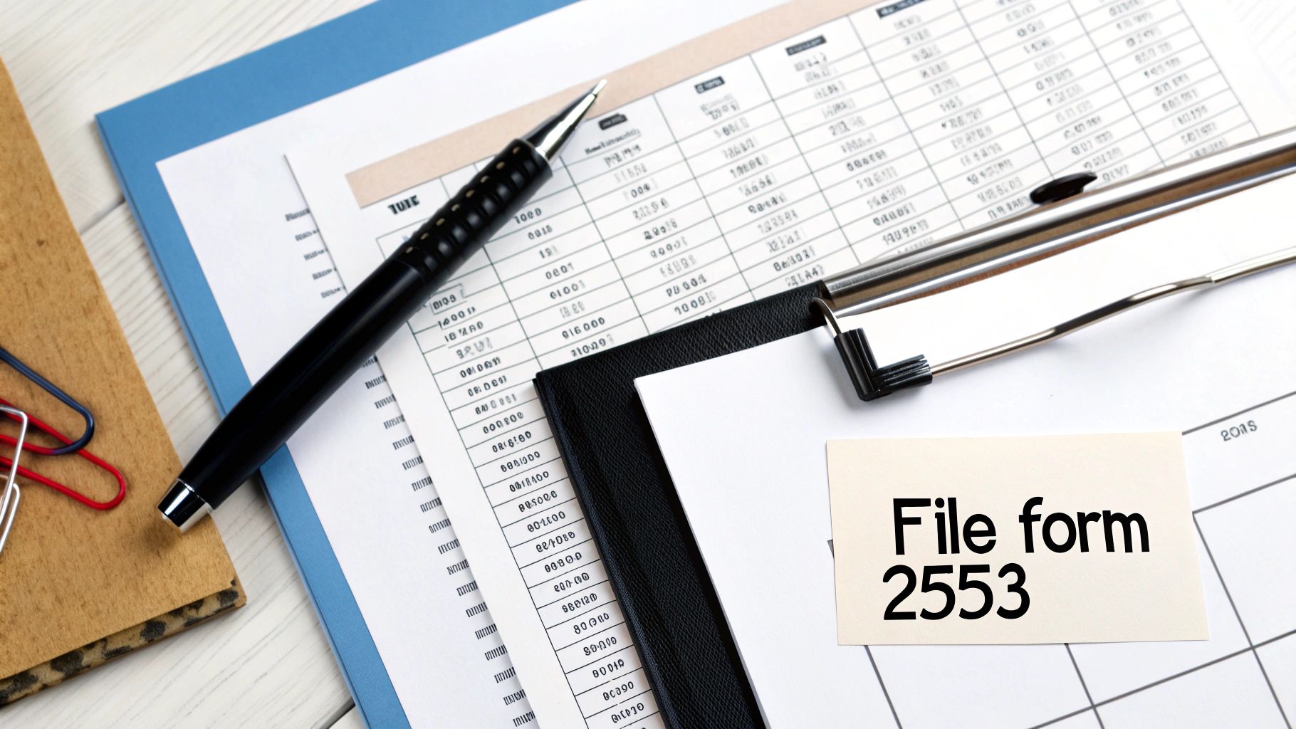 A close-up of business documents, a pen, and a note saying 'File form 2553' on a desk.