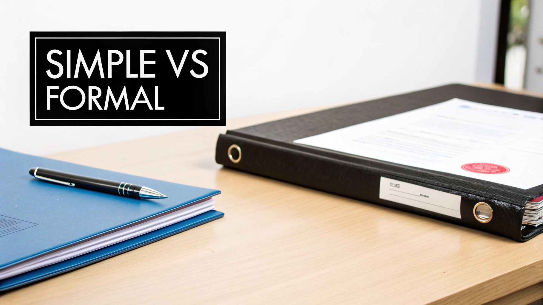A black binder and blue folder with a pen on a wooden desk, contrasting simple vs formal.