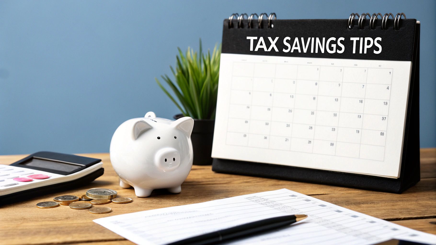 Desk setup with a piggy bank, calculator, coins, tax documents, and a calendar saying 'TAX SAVINGS TIPS'.