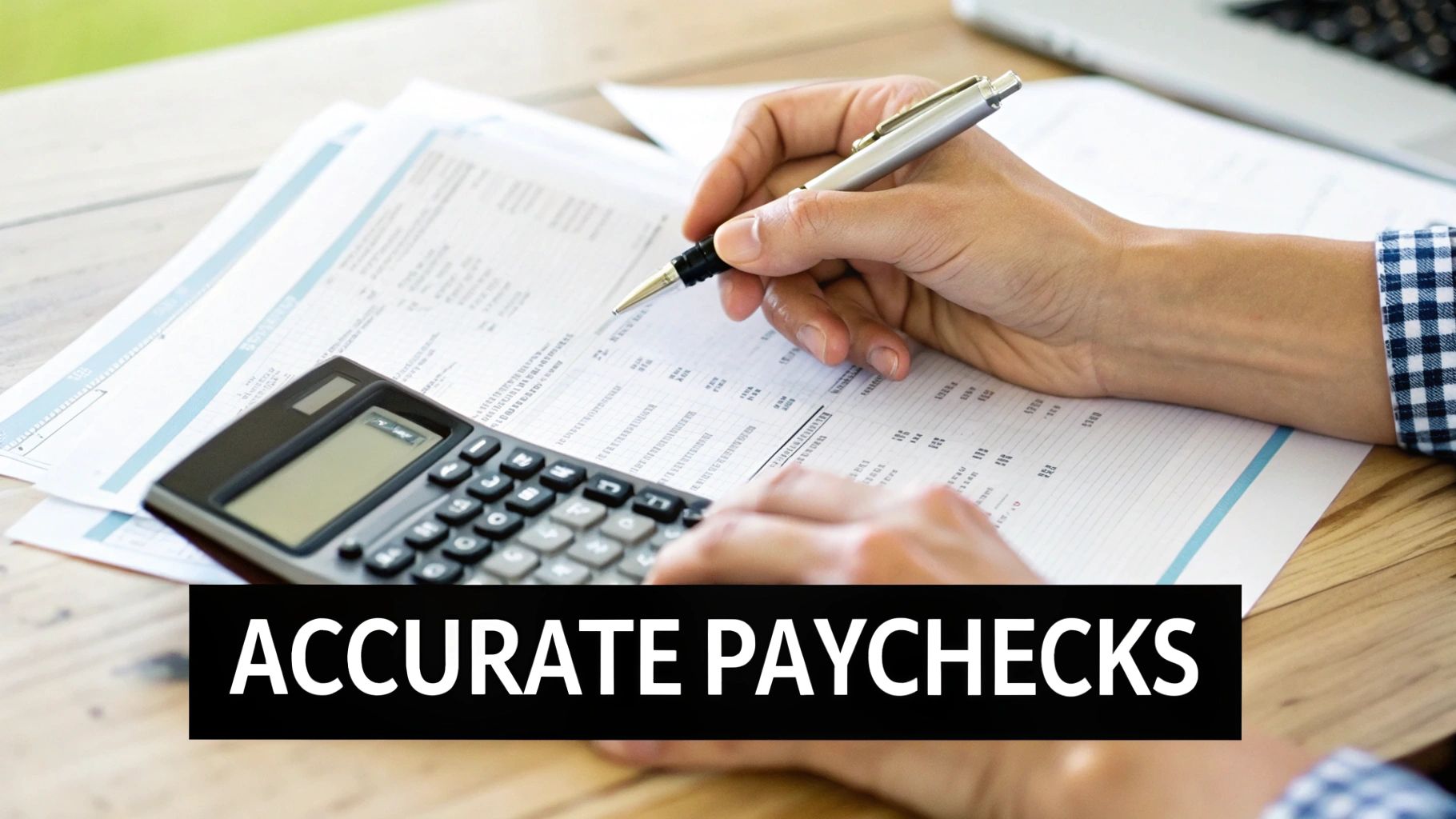 A calculator and a payslip on a desk, symbolizing the process of calculating payroll.
