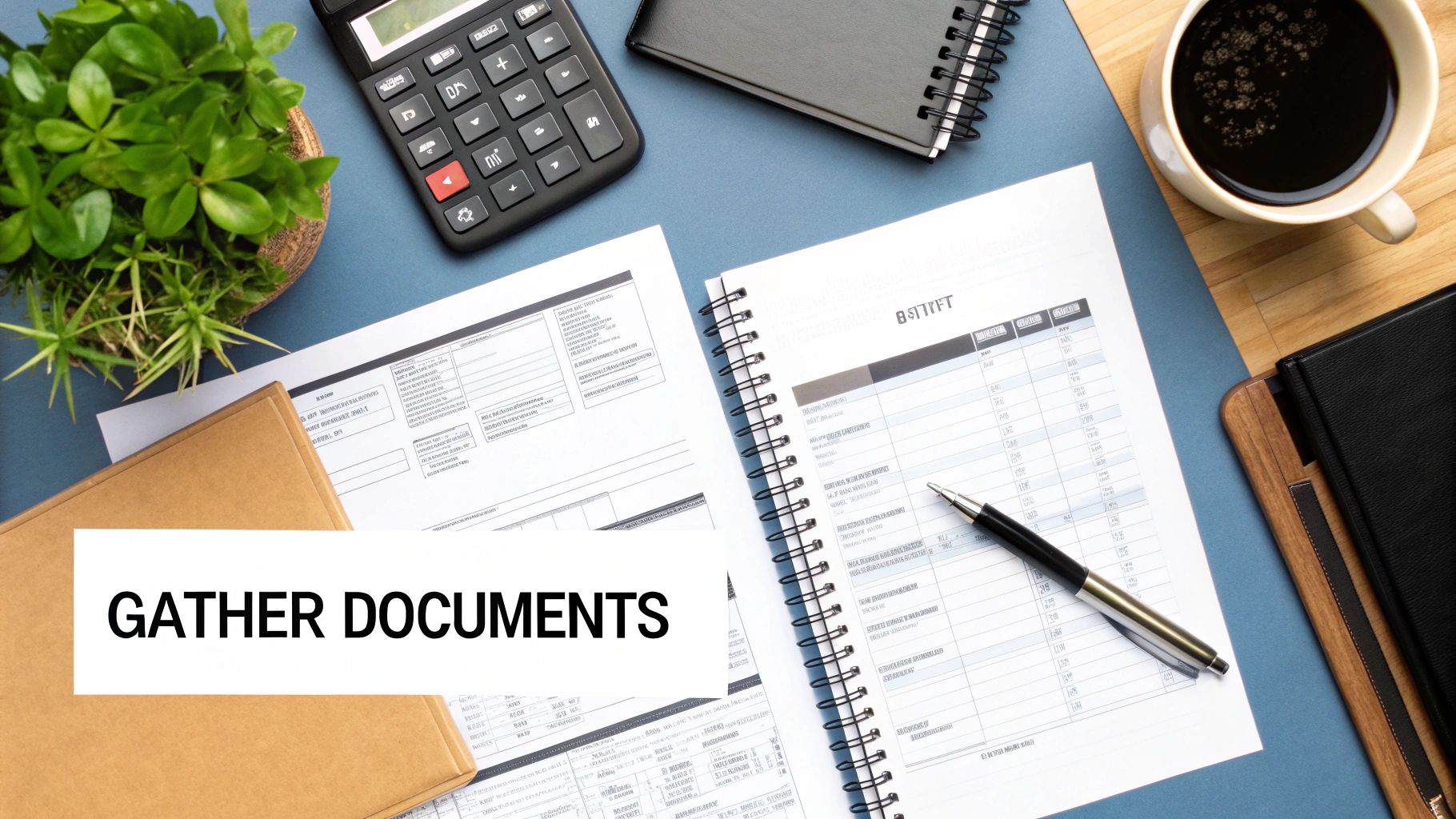 Overhead view of a desk with financial documents, a calculator, pen, coffee, and a plant, with 'GATHER DOCUMENTS' text.