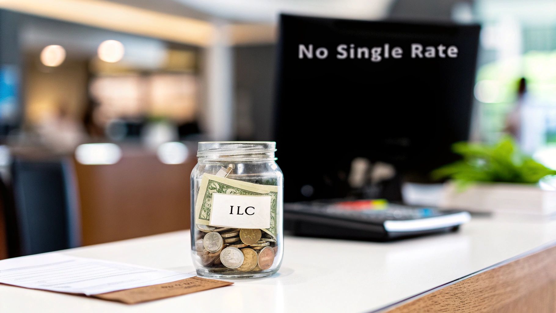 A glass jar labeled 'ILC' filled with coins and a dollar bill sits on a white counter.