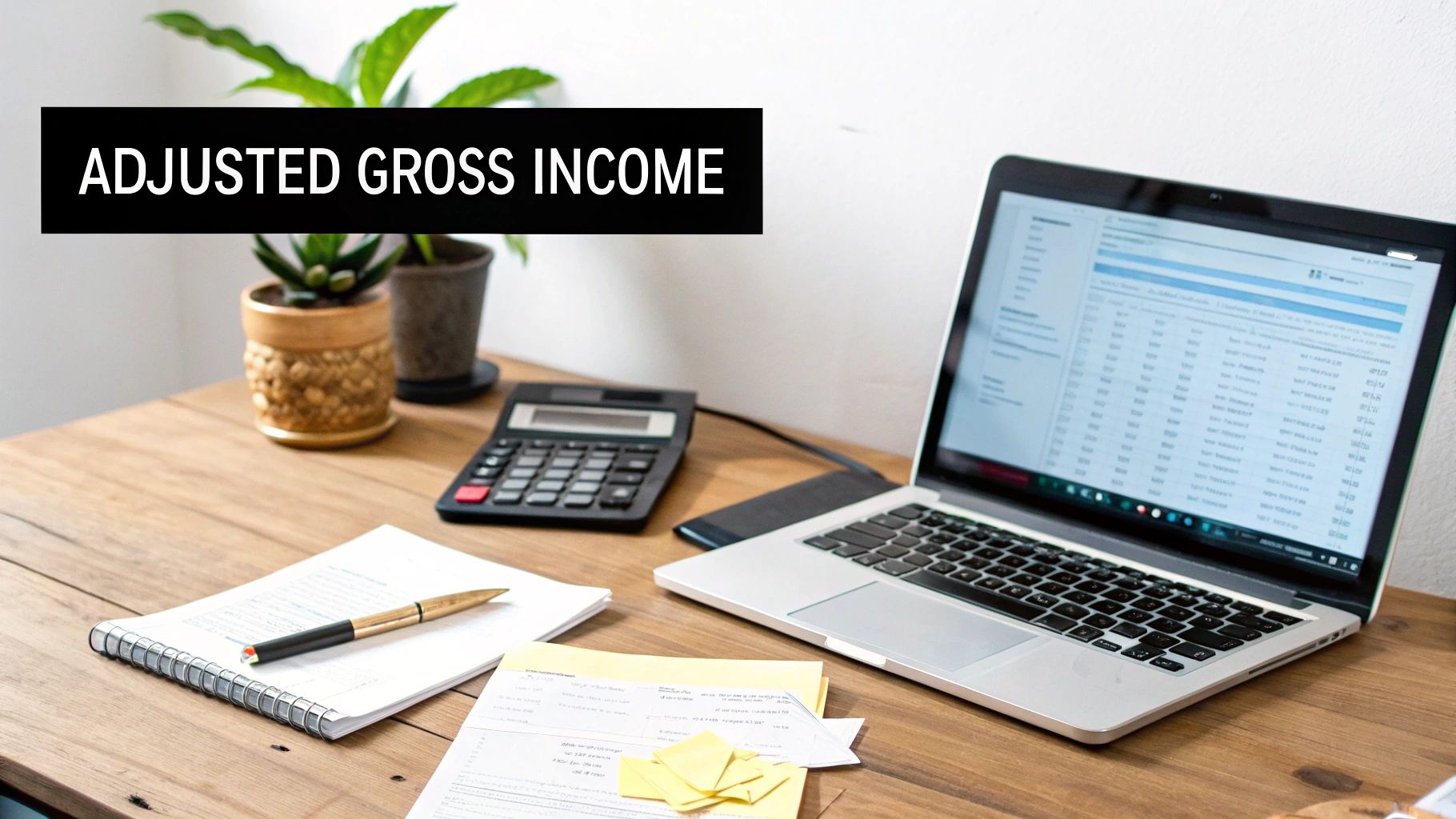 A desk with a laptop showing financial data, a calculator, documents, and the text 'ADJUSTED GROSS INCOME'.