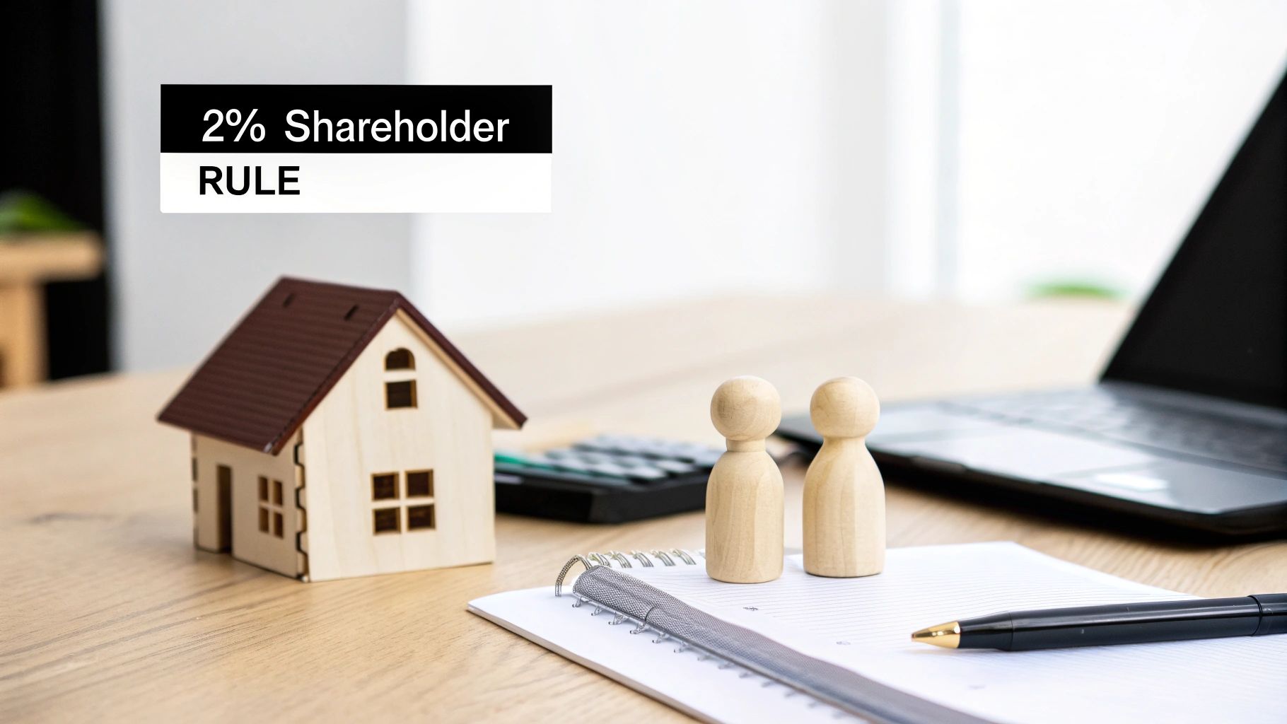 A desk setup with a model house, two wooden figures, a calculator, and a notebook, with '2% Shareholder RULE' text.
