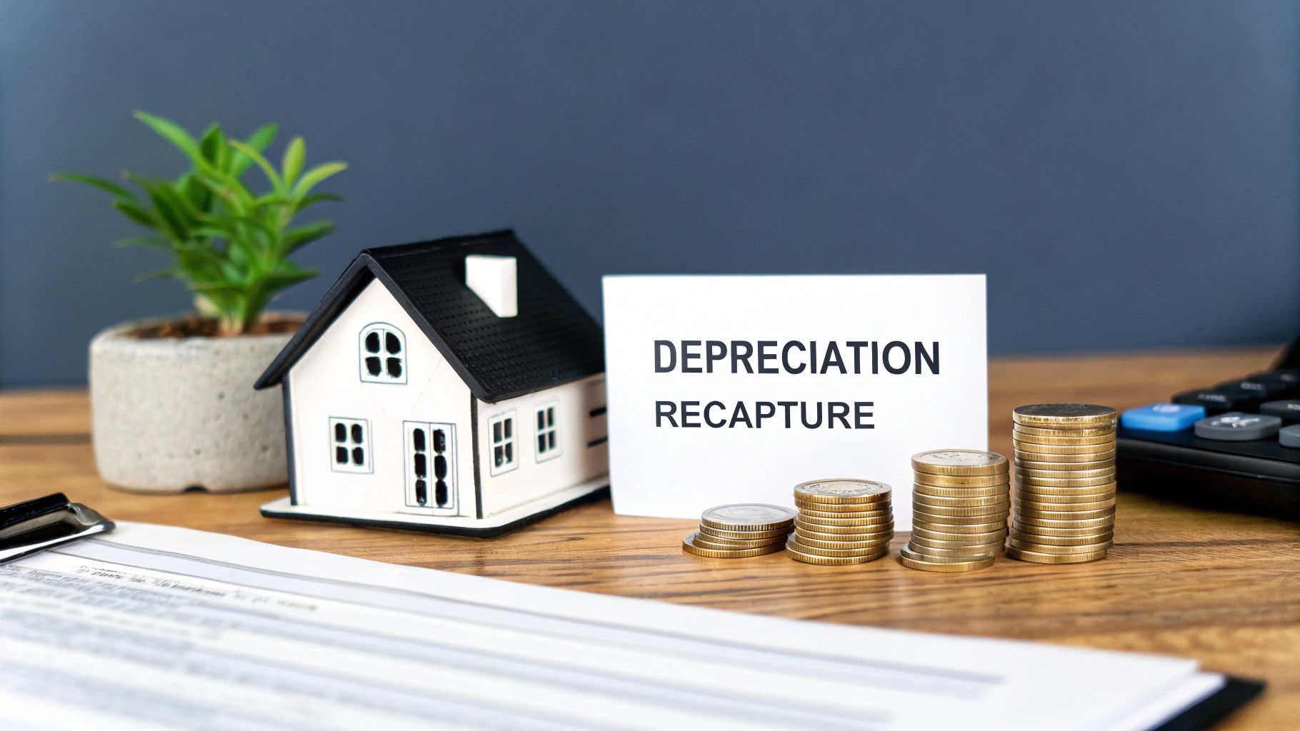 A desk with a model house, stacked coins, calculator, and 'Depreciation Recapture' note.