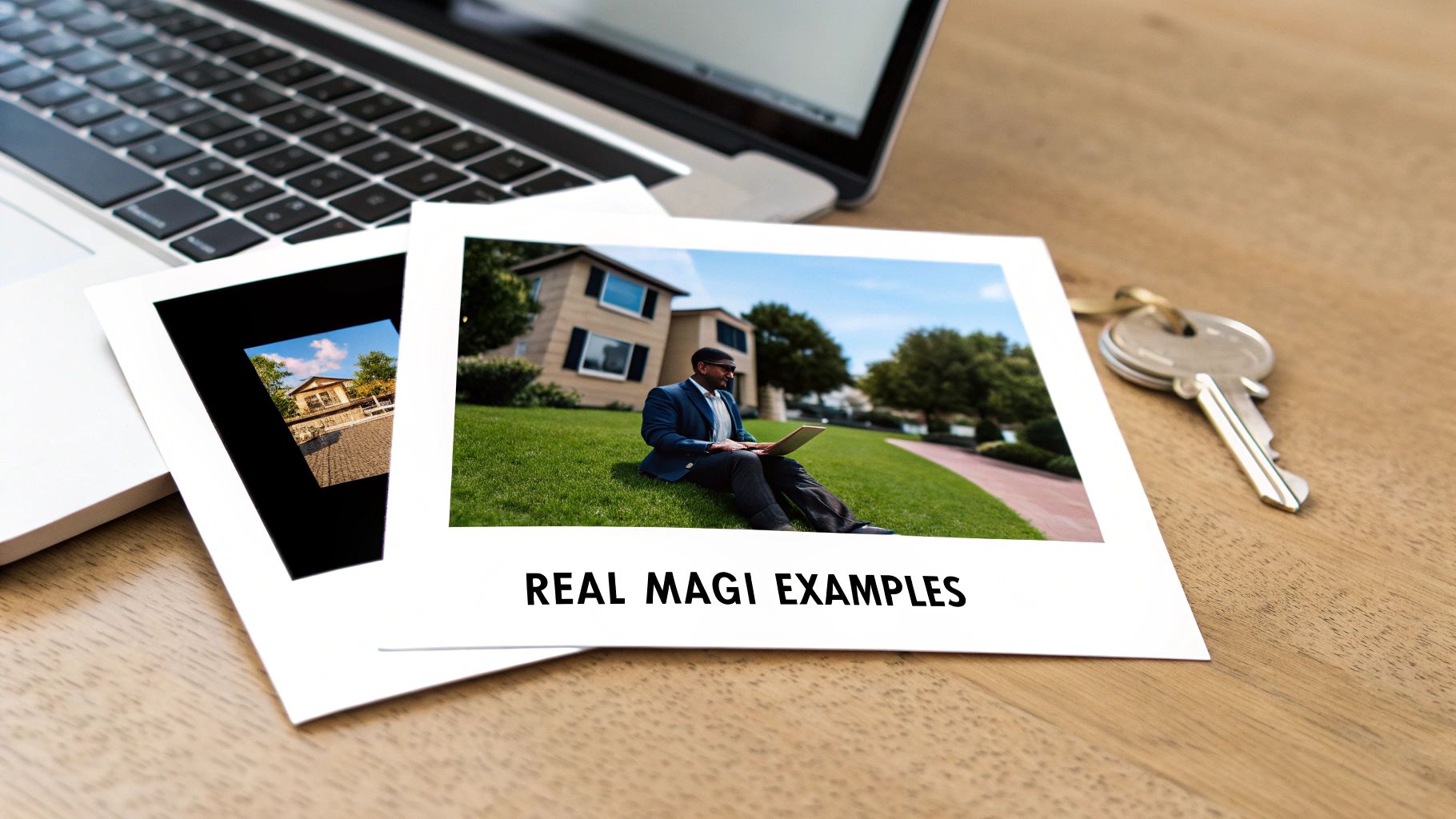 A laptop, two instant photos with real estate examples, and a house key on a wooden table.