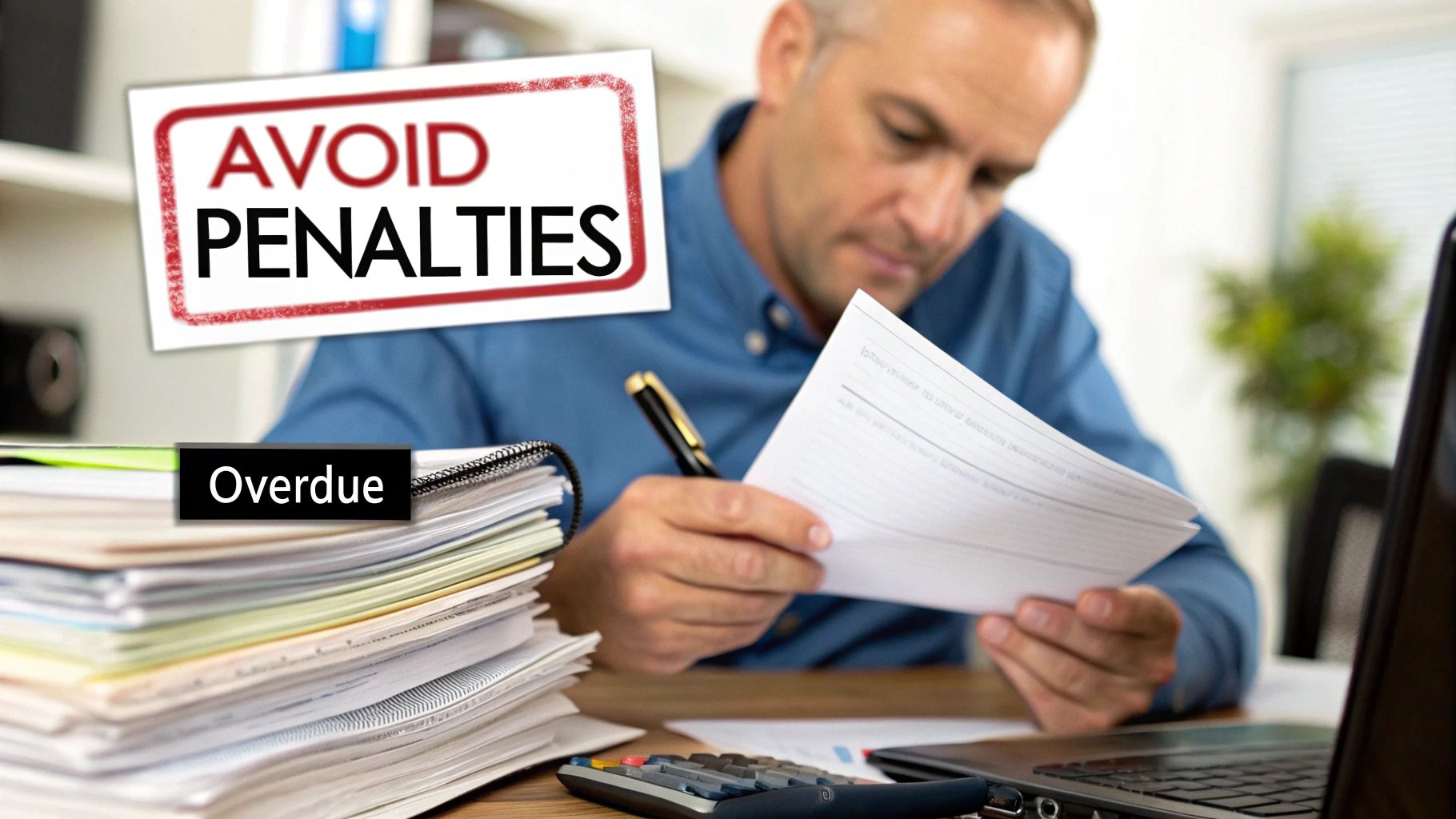 A person looking concerned at a pile of official-looking documents and a calendar.