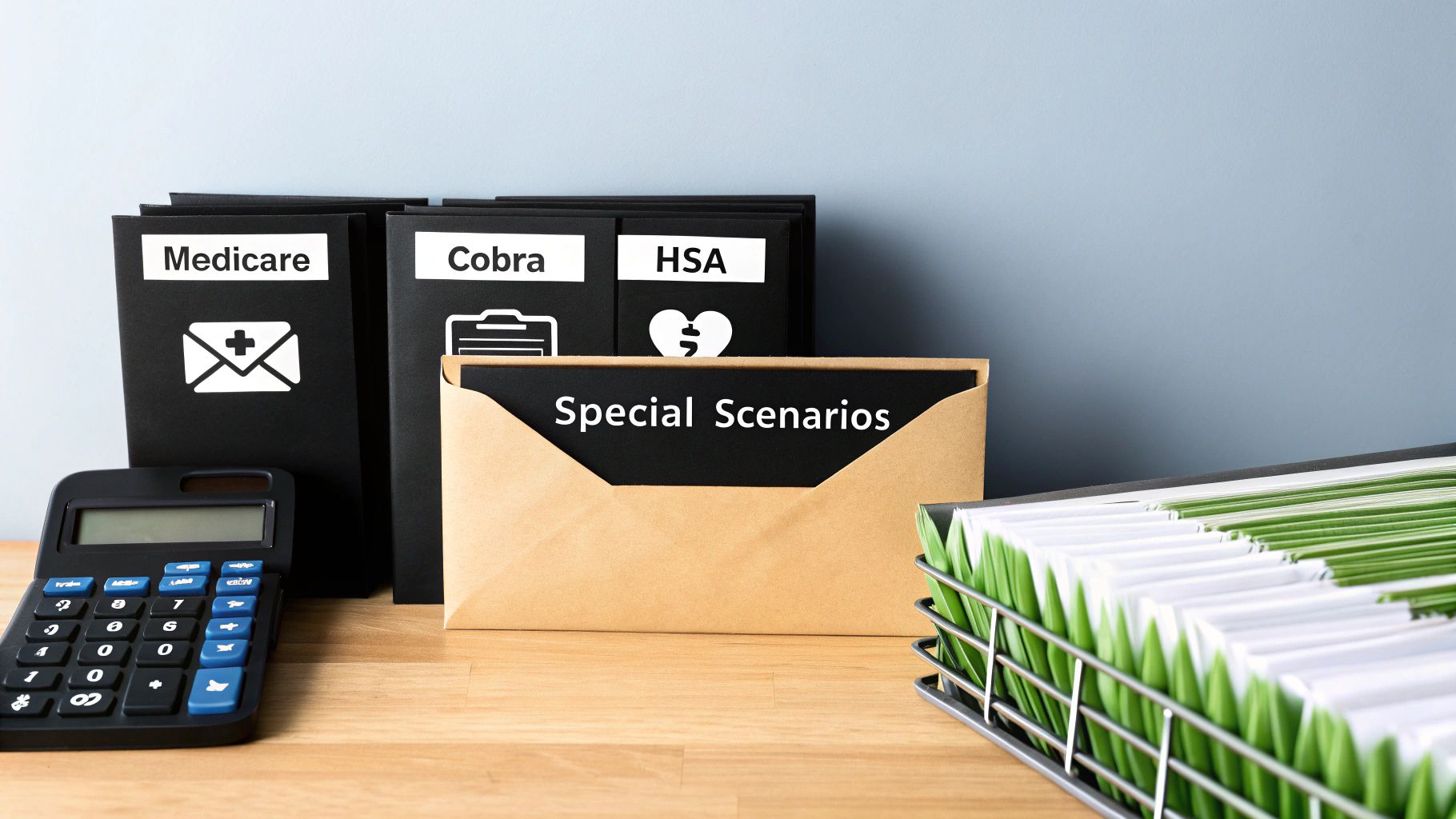 Folders labeled Medicare, Cobra, HSA, and Special Scenarios alongside a calculator and file organizer.