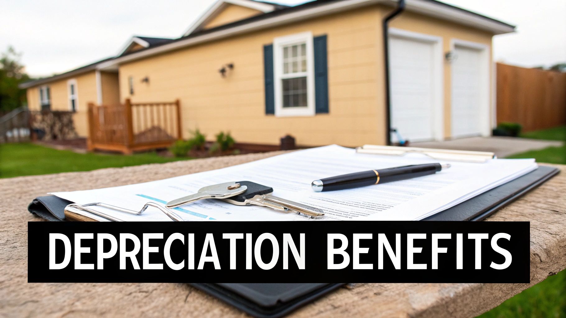 House keys and documents on a clipboard with a pen, set against a blurred suburban house, featuring 'DEPRECIATION BENEFITS' text.