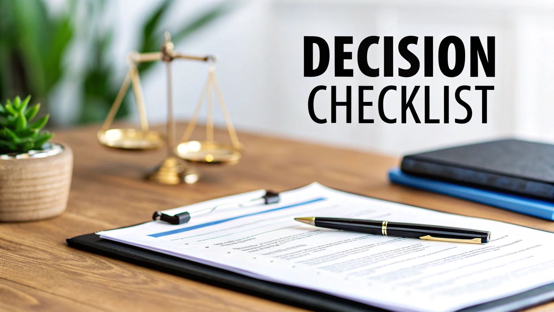 A desk with a 'Decision Checklist' document, a pen, scales of justice, and notebooks, symbolizing important choices.