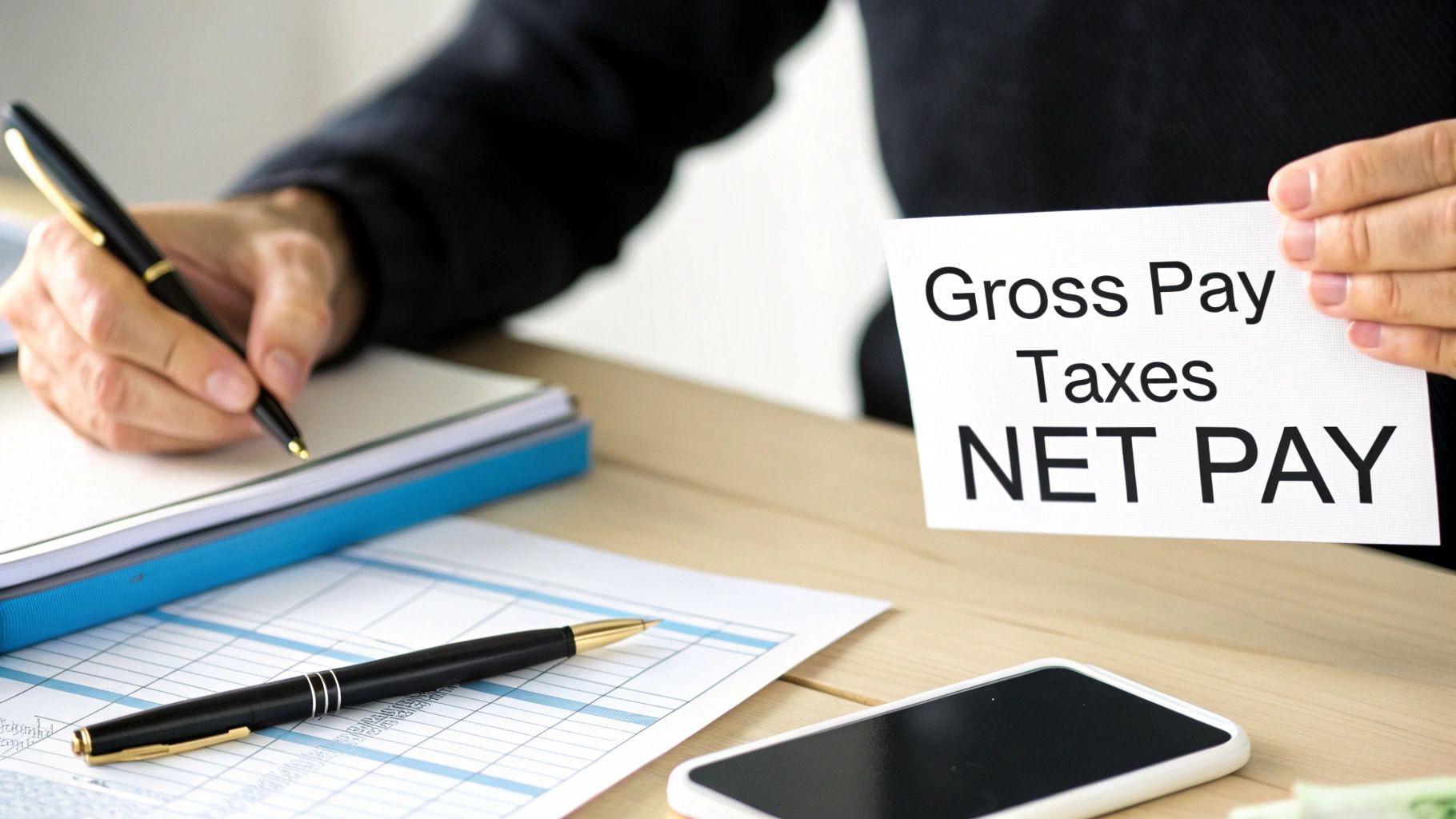 A person calculates payroll, writing on a notepad while holding a card showing Gross Pay, Taxes, and Net Pay.