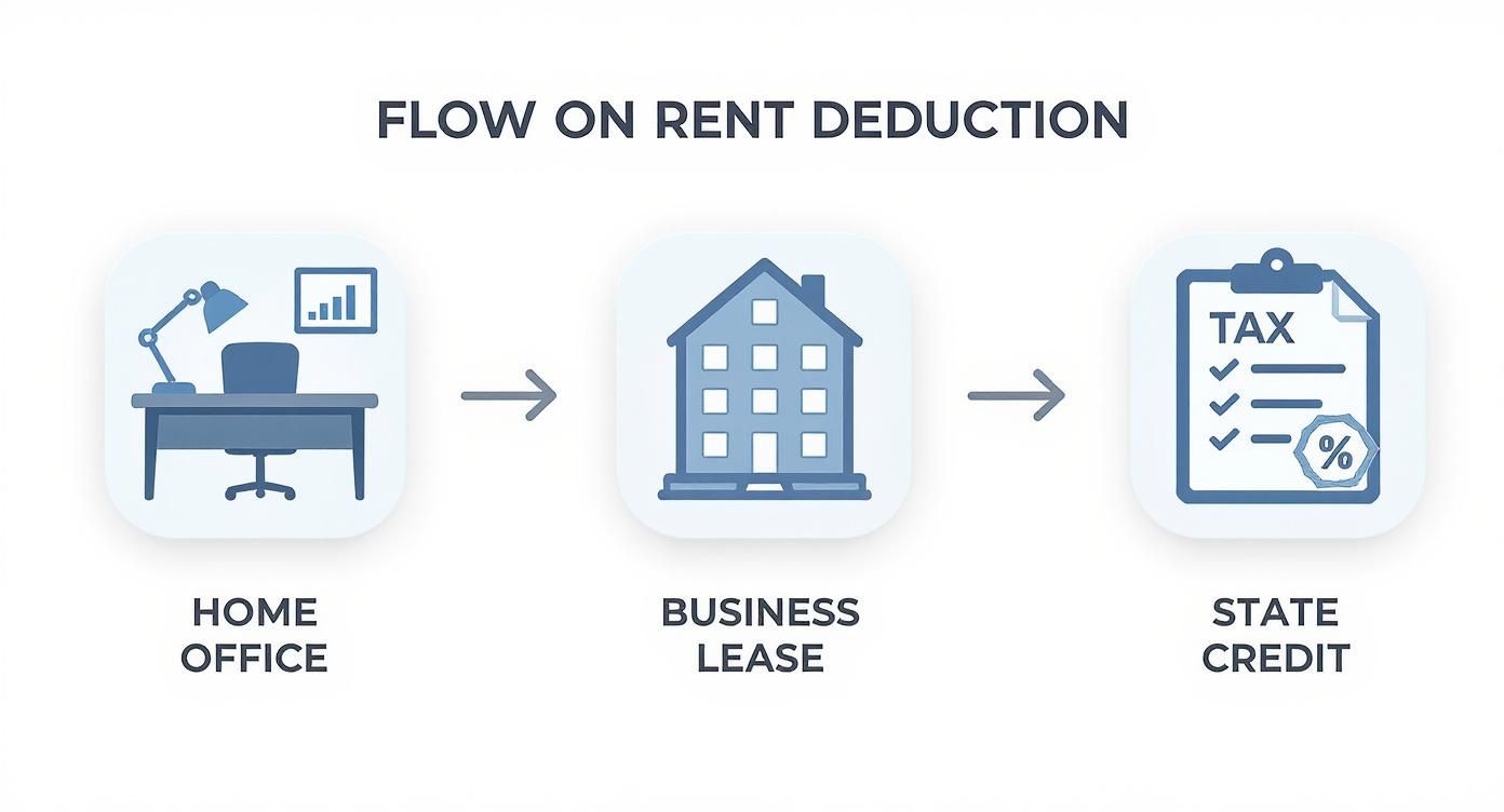 Flowchart illustrating rent deduction process, from home office expenses to business lease, leading to state tax credit.